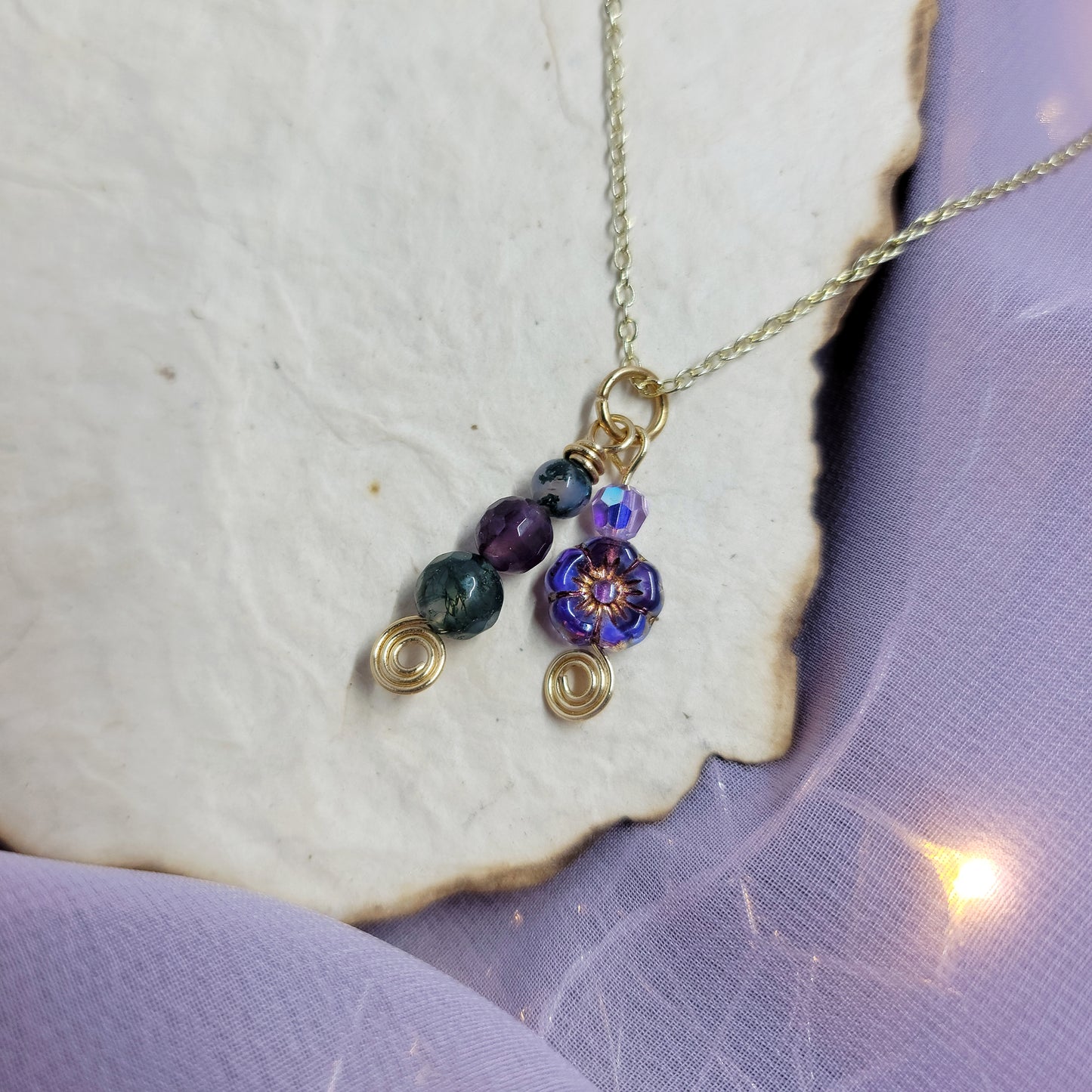 Moss Agate & Amethyst Flower Necklace