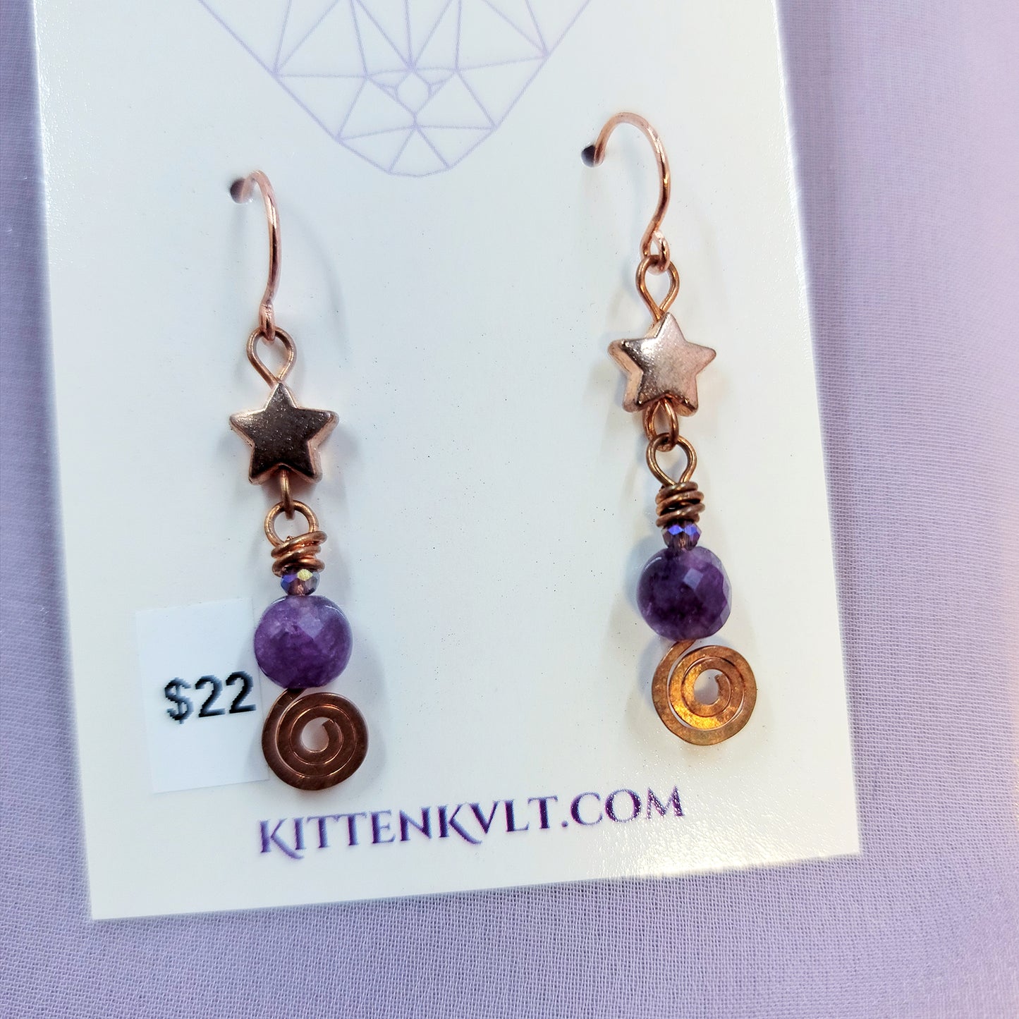 Celestial Witchy Amethyst Earrings, Copper Crystal Dainty Ethereal Fairy Amethyst Earrings
