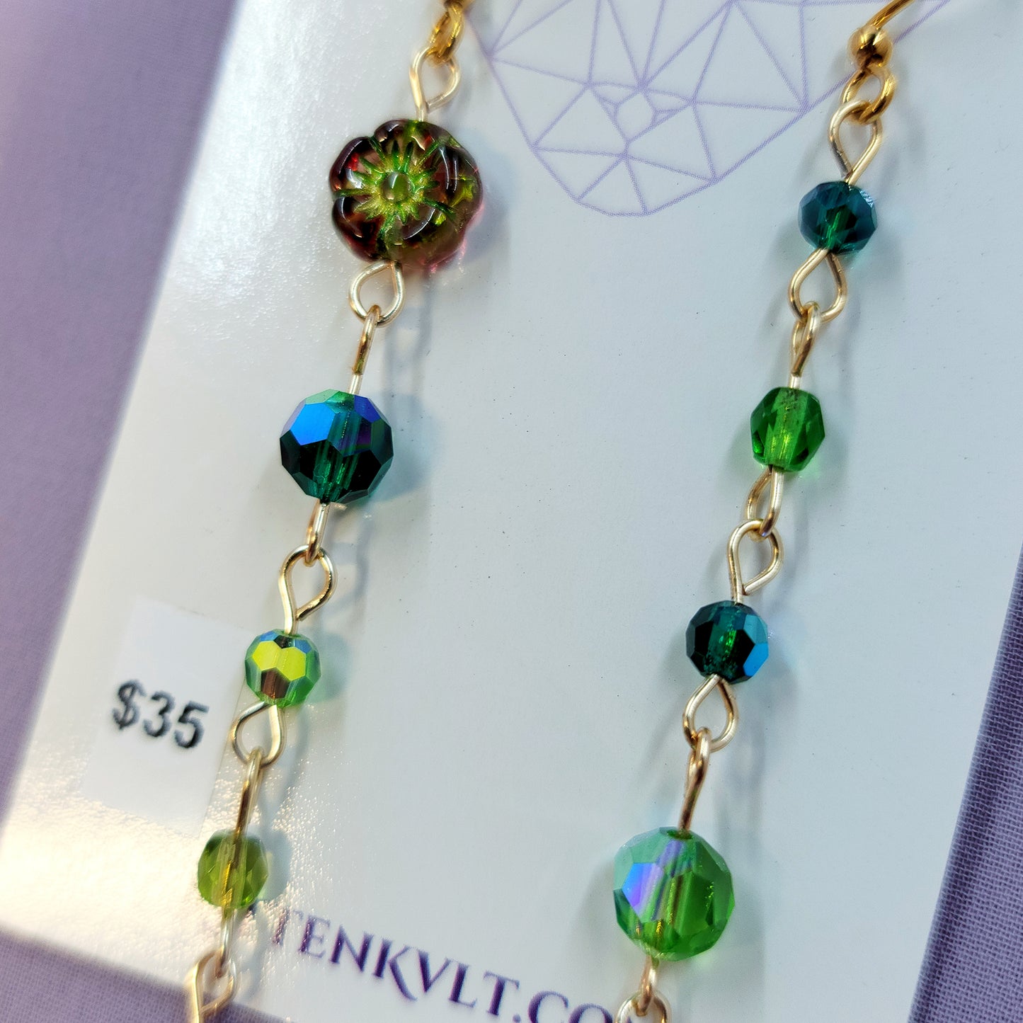 Czech Glass Cottage Witch Fairy Flower & Leaf Earrings