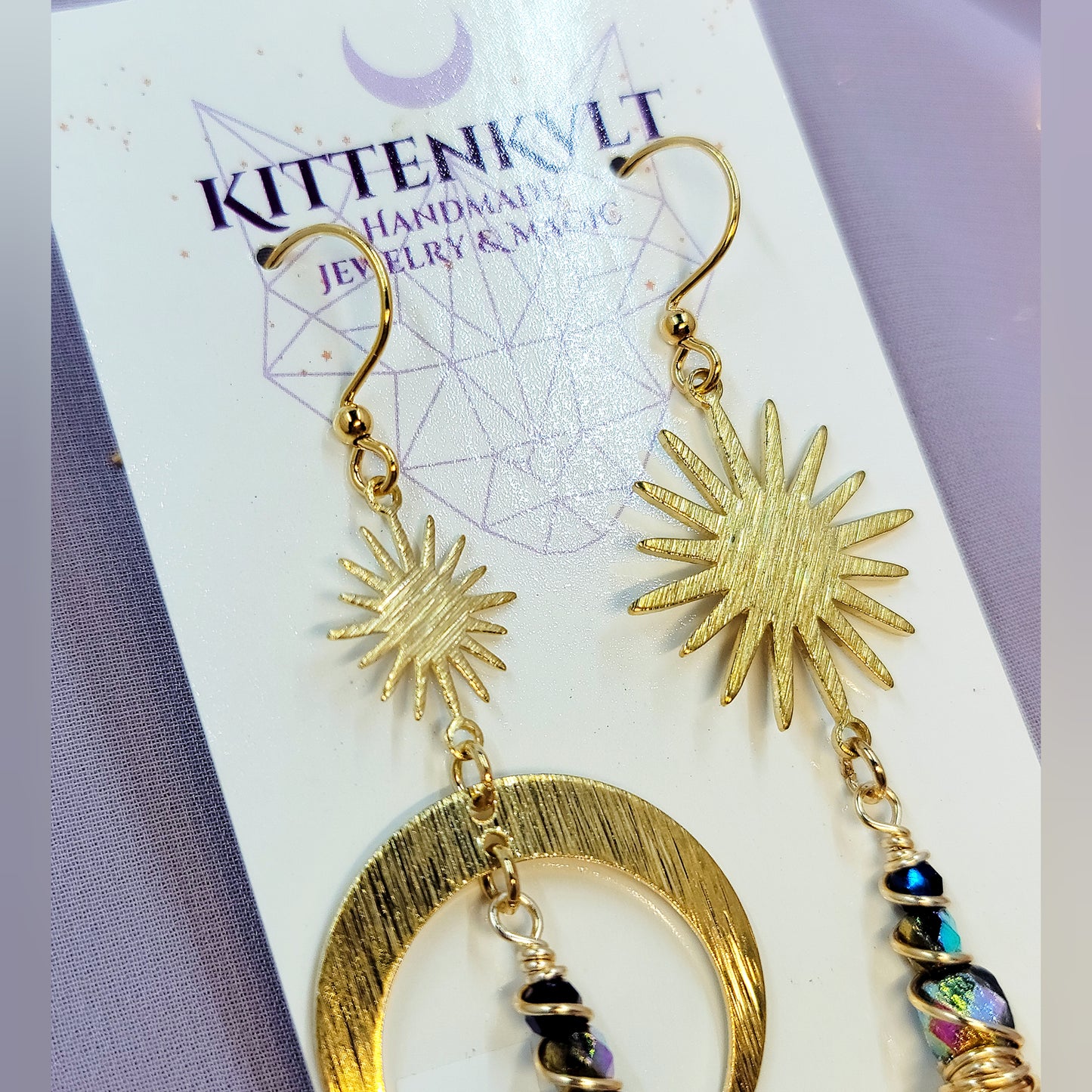 Ethereal Quartz Celestial Rainbow Moon Star Earrings