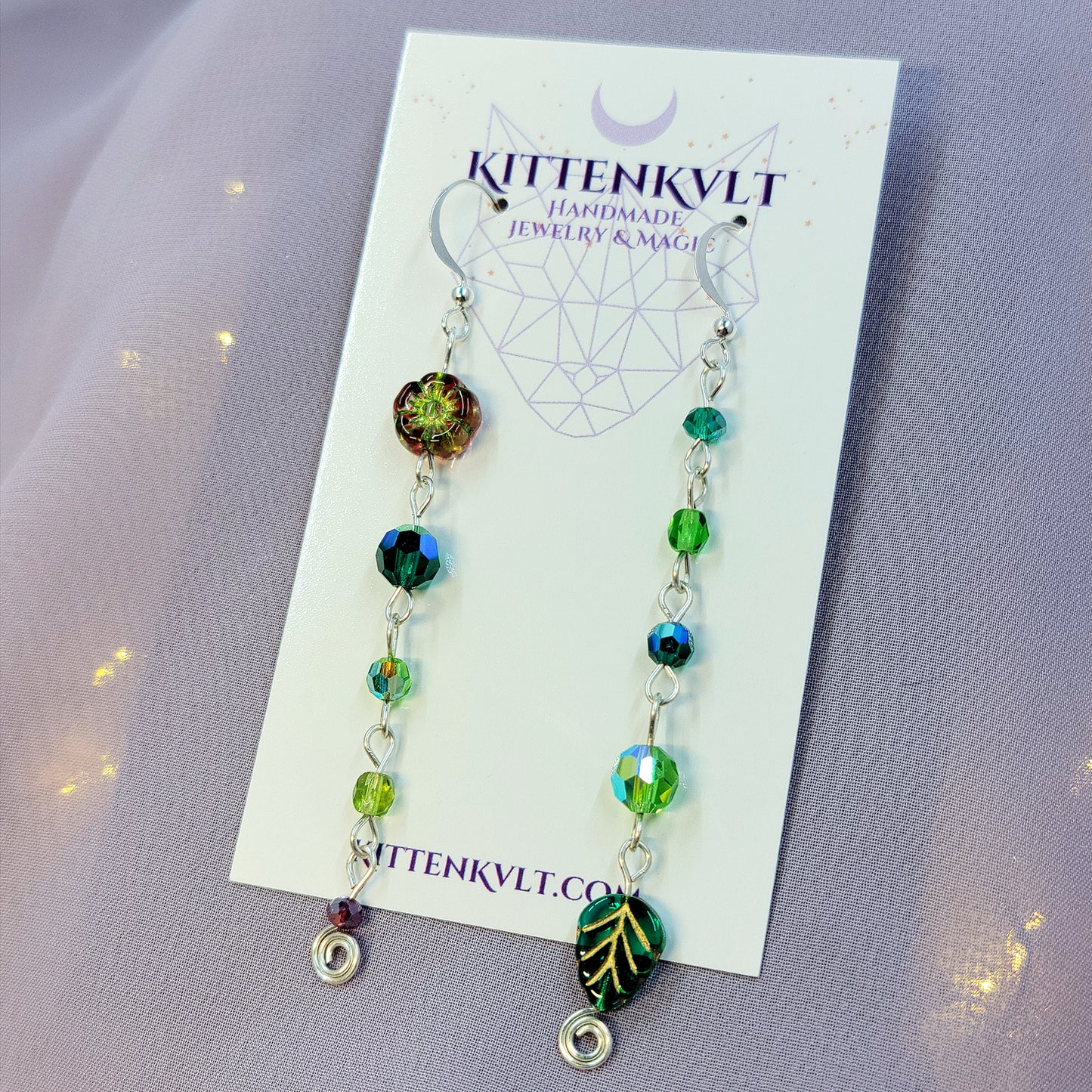 Czech Glass Cottage Witch Fairy Flower & Leaf Earrings