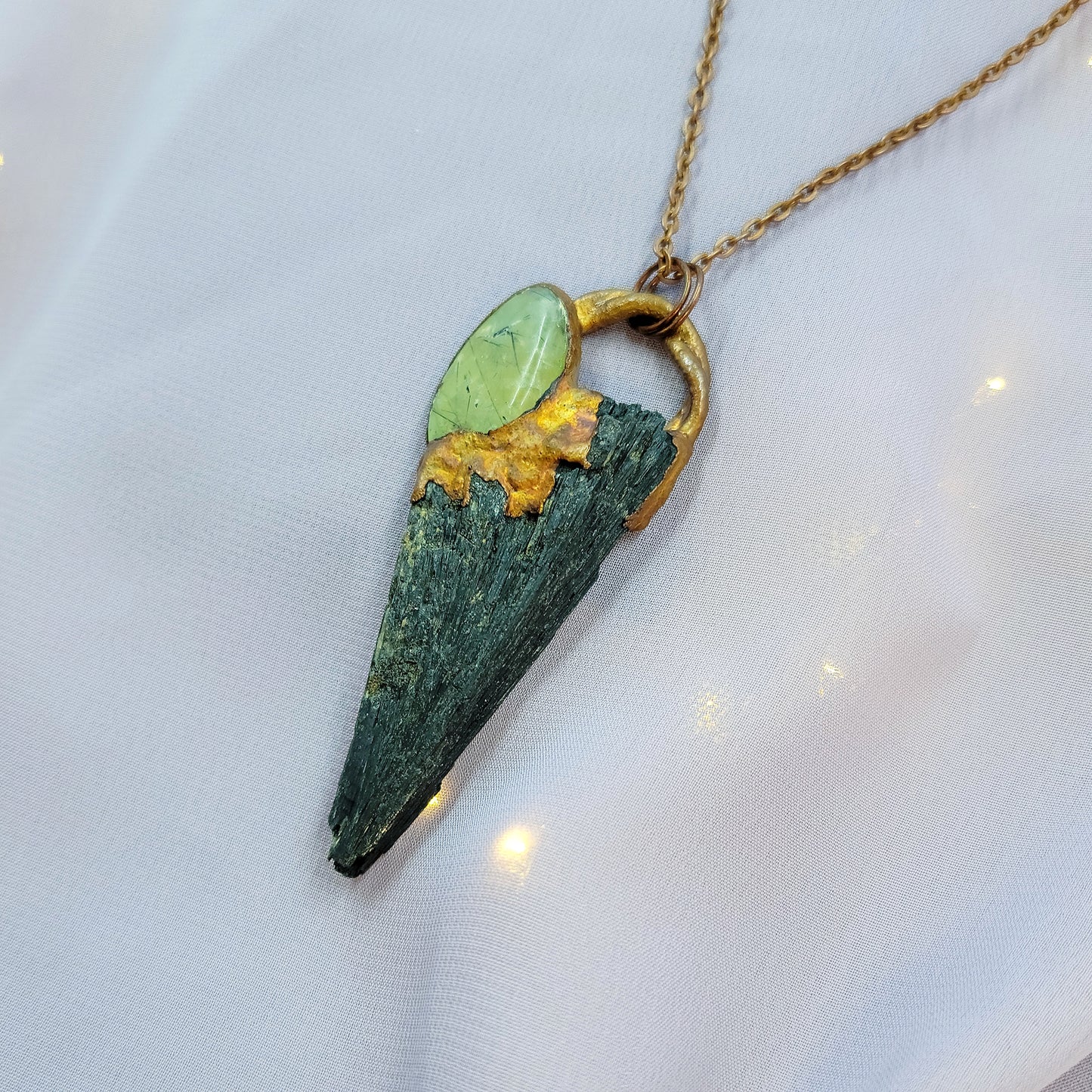Black Kyanite & Prehnite Raven Electroformed Copper Necklace