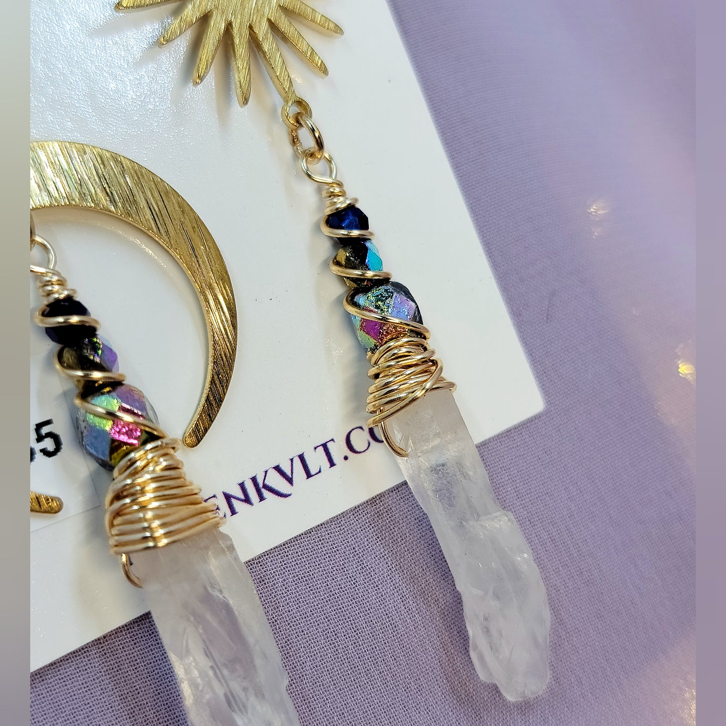 Ethereal Quartz Celestial Rainbow Moon Star Earrings