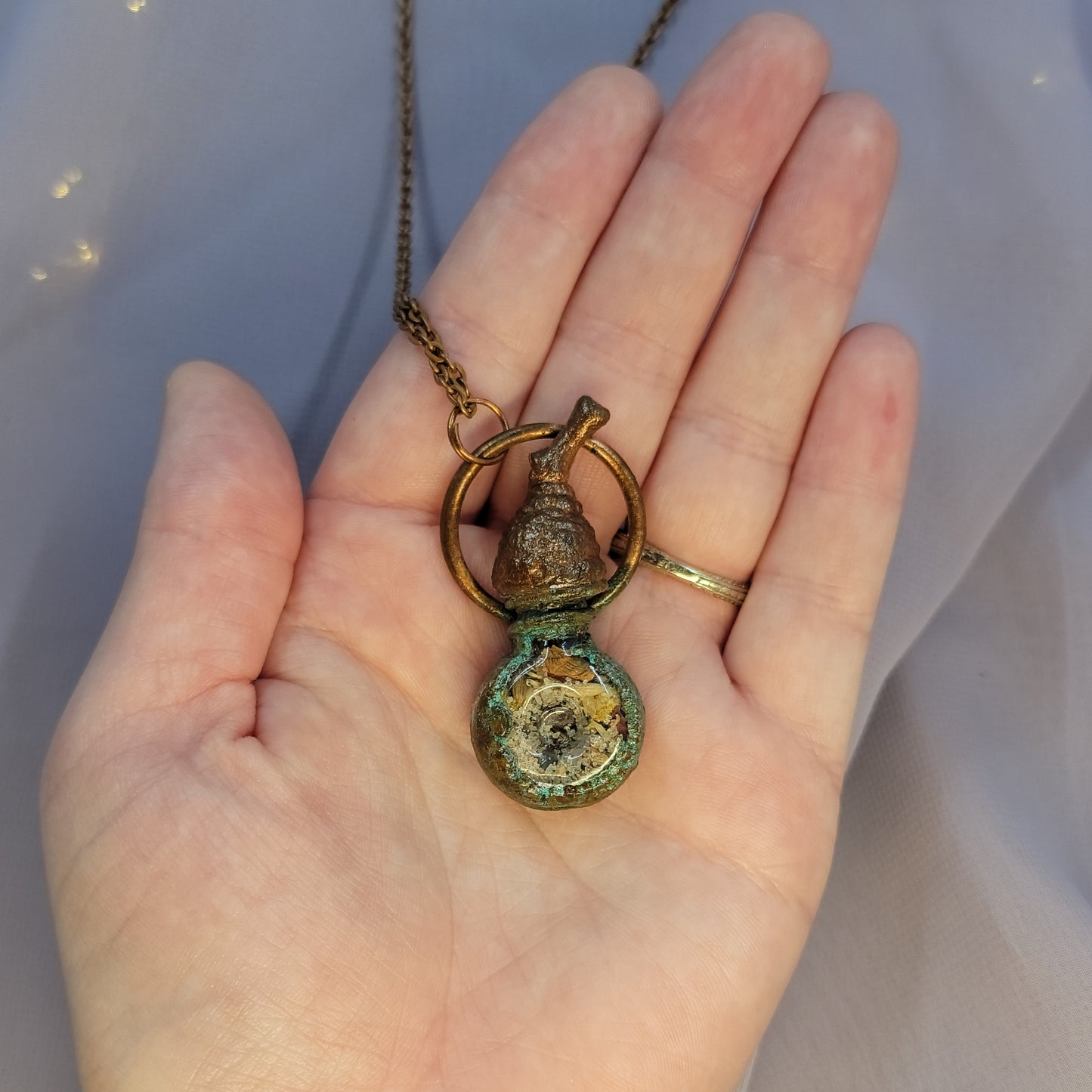 Anxiety Banishing Spell Jar & Acorn Patina Electroformed Copper Necklace