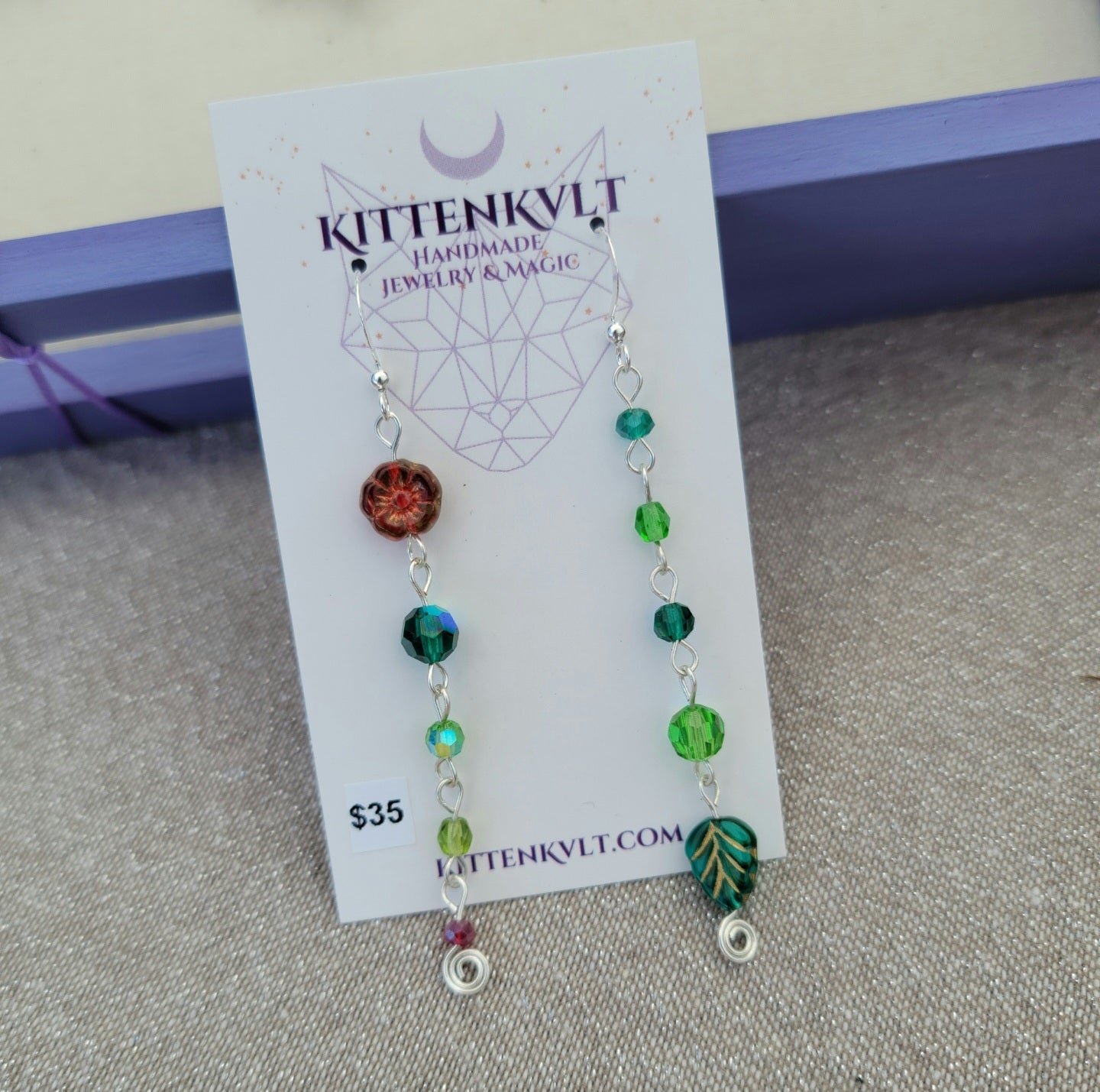 Czech Glass Cottage Witch Fairy Flower & Leaf Earrings