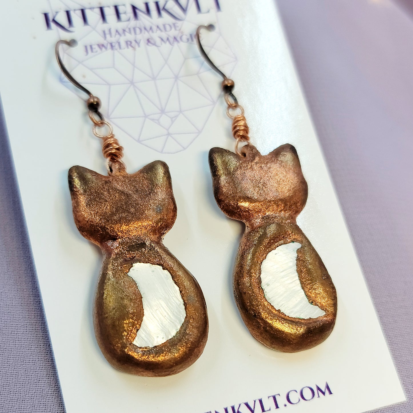 Electroformed Celestial Kitty Cat Copper & Mother of Pearl Shell Moon Earrings