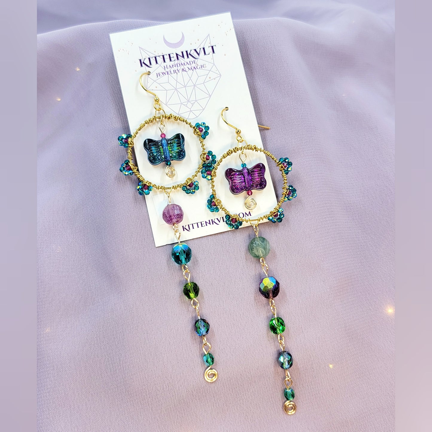 Mystical Rainbow Fluorite & Czech Glass Butterfly Sun Catcher Earrings