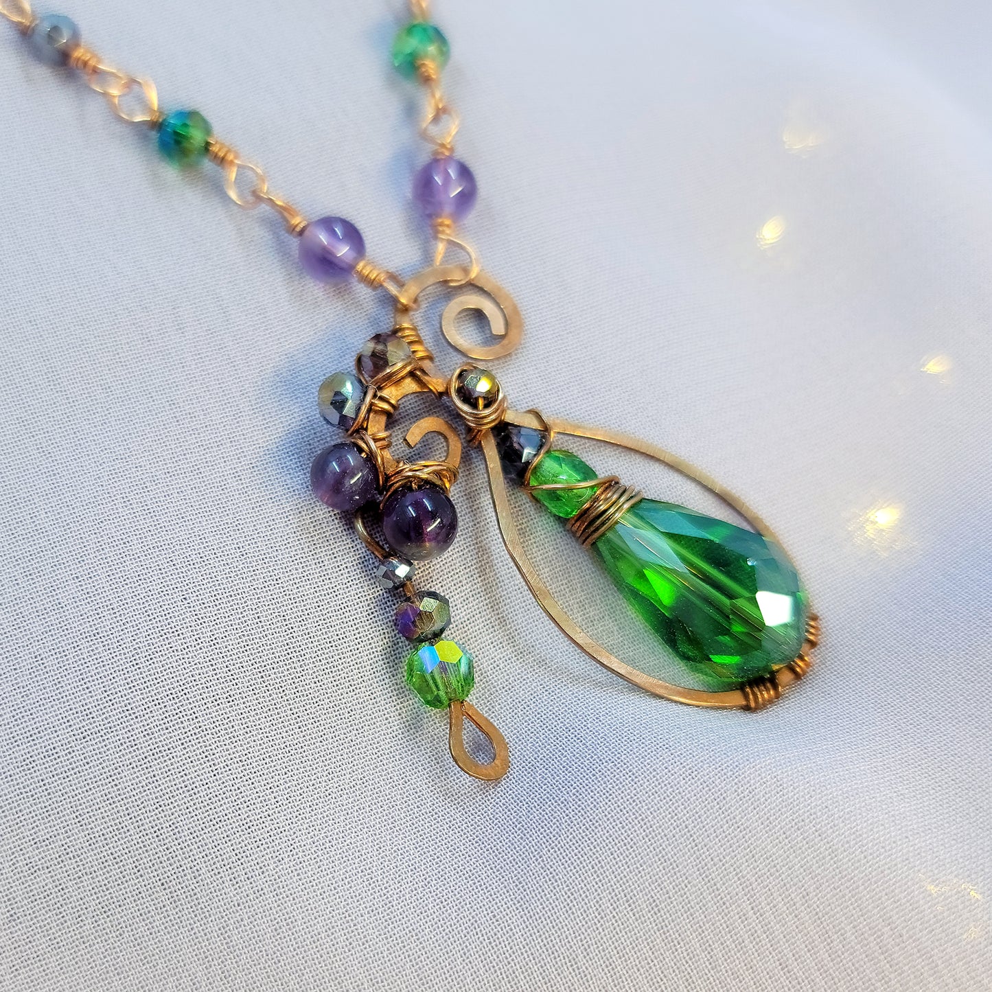 Amethyst & Sun Catcher Glass Poison Bottle Hammered Copper Necklace