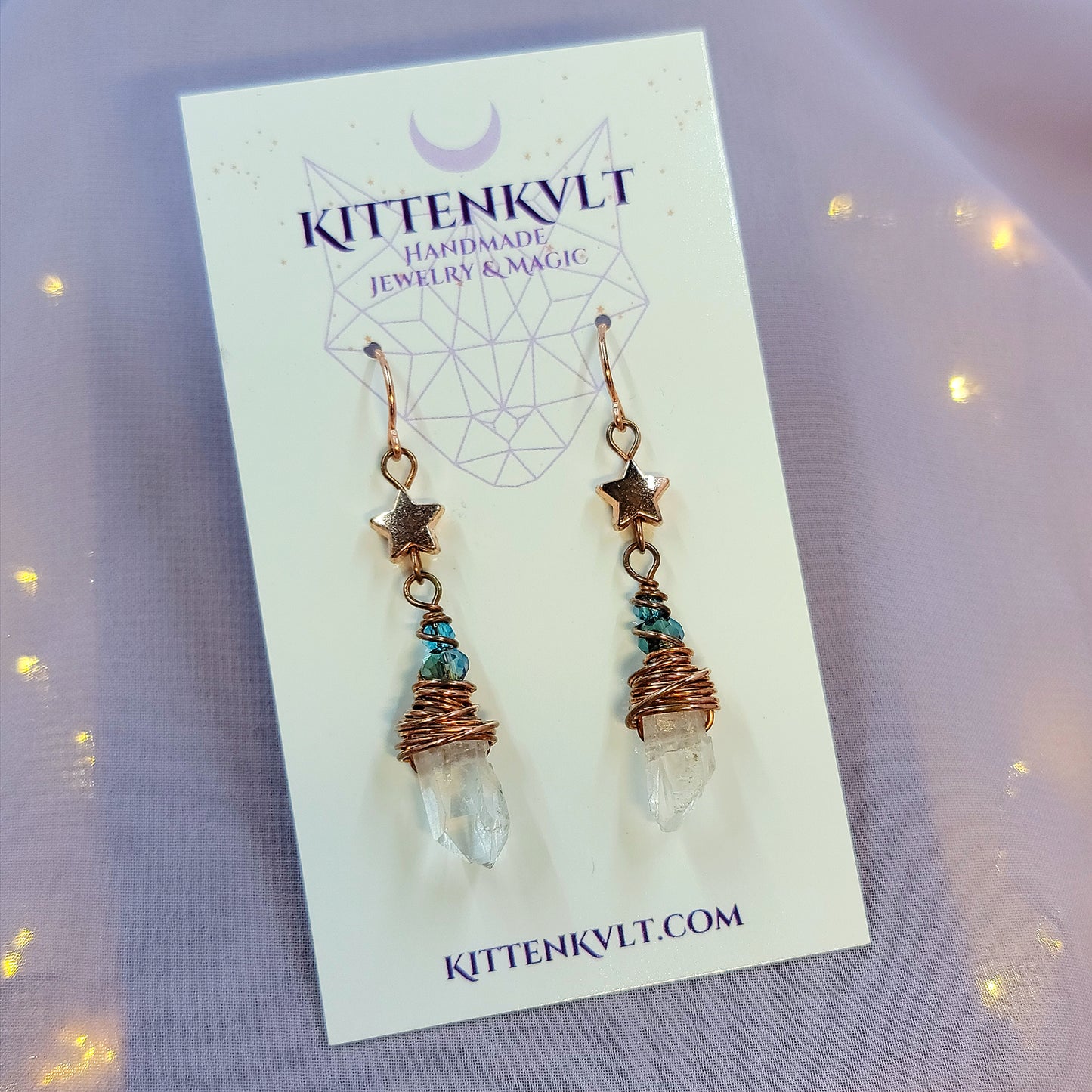 Celestial Witchy Quartz Star Earrings, Copper Crystal Dainty Ethereal Fairy Space Witch Earrings
