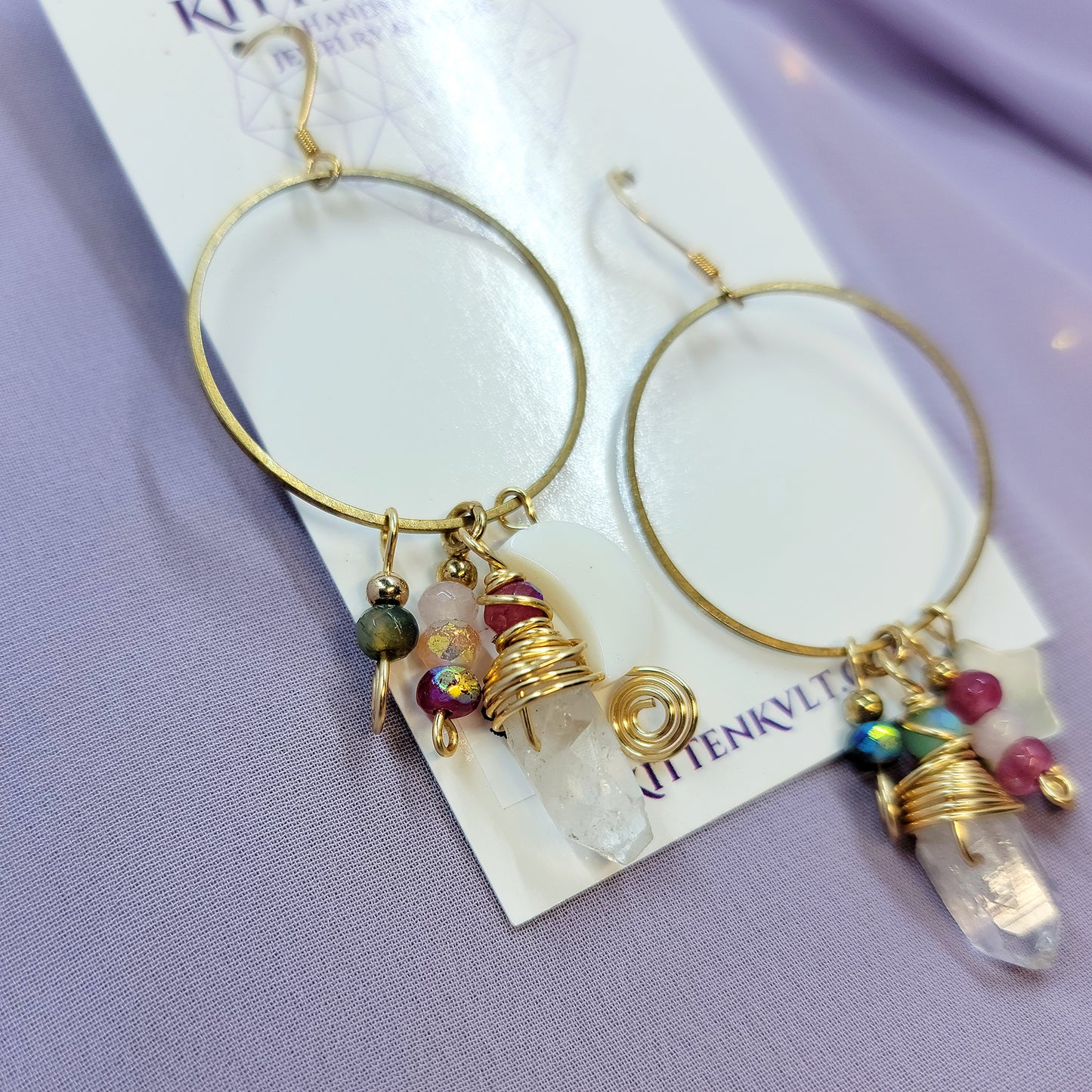 Mystical Celestial Quartz Moss Agate & Shell Charm Earrings, Ethereal Fairy Crystal Earrings