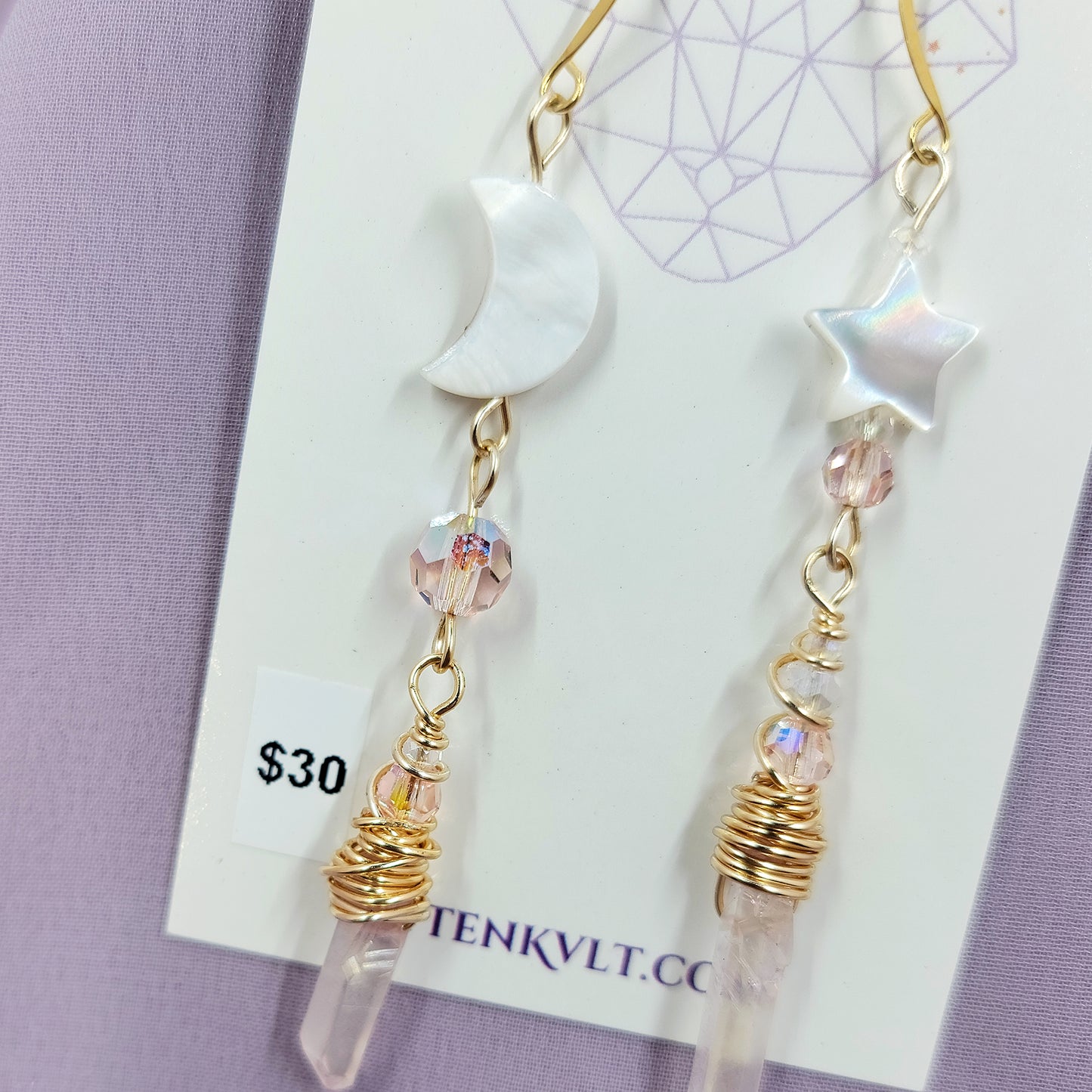 Pink Aura Quartz Celestial Shell Earrings