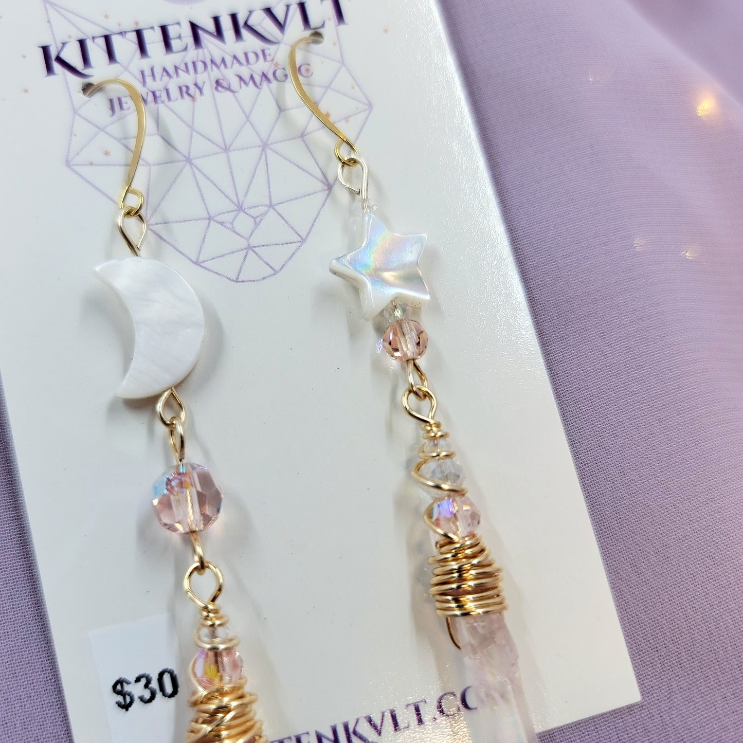 Pink Aura Quartz Celestial Shell Earrings