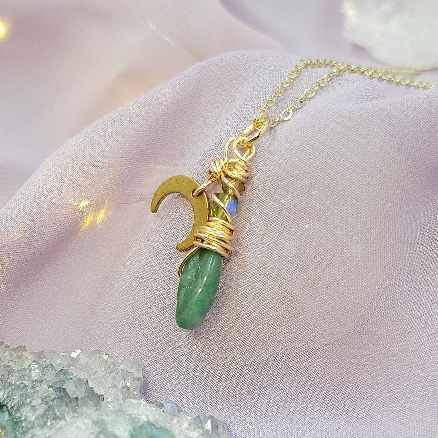 Mystical Fairy Green Aventurine Witchy Celestial Crystal Necklace