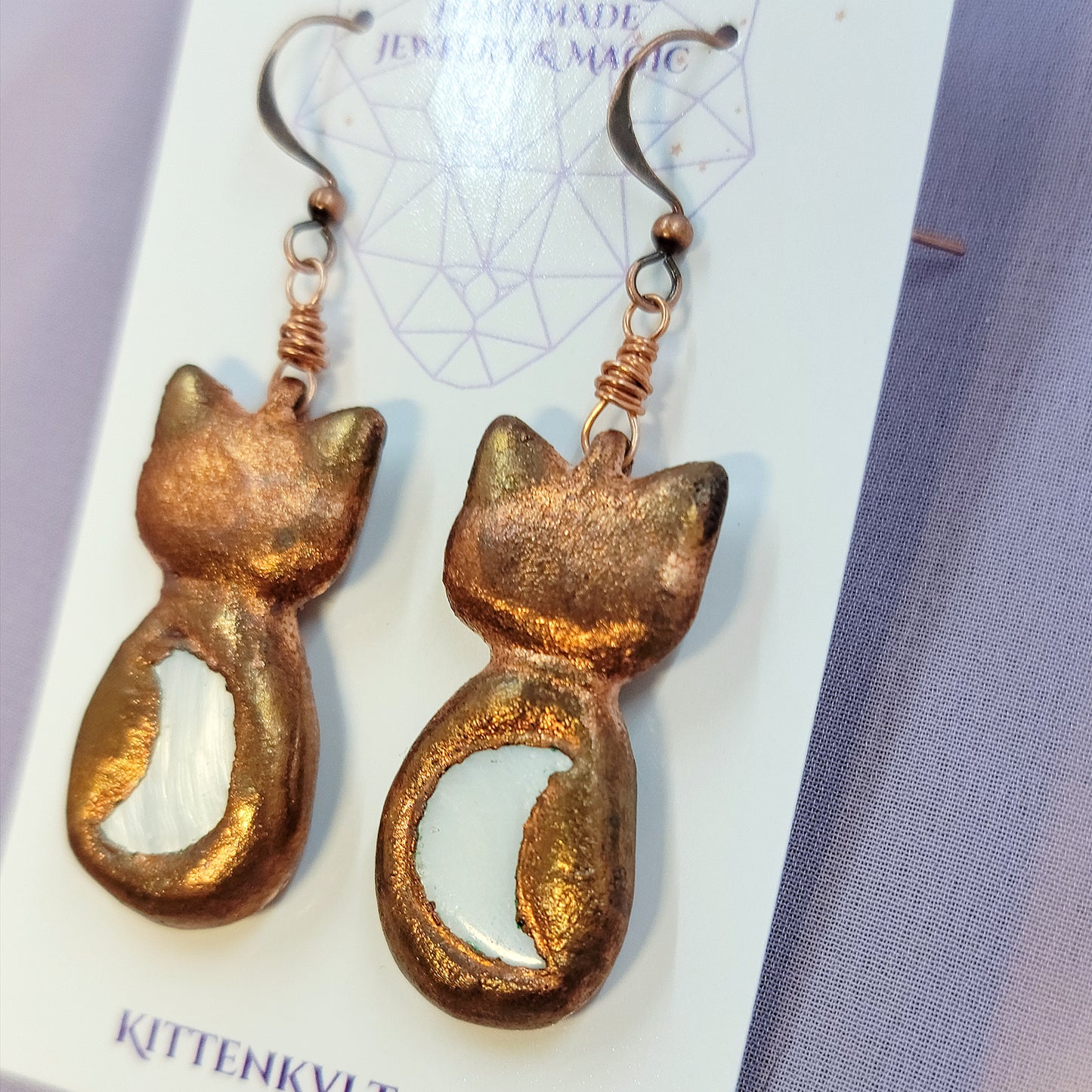 Electroformed Celestial Kitty Cat Copper & Mother of Pearl Shell Moon Earrings