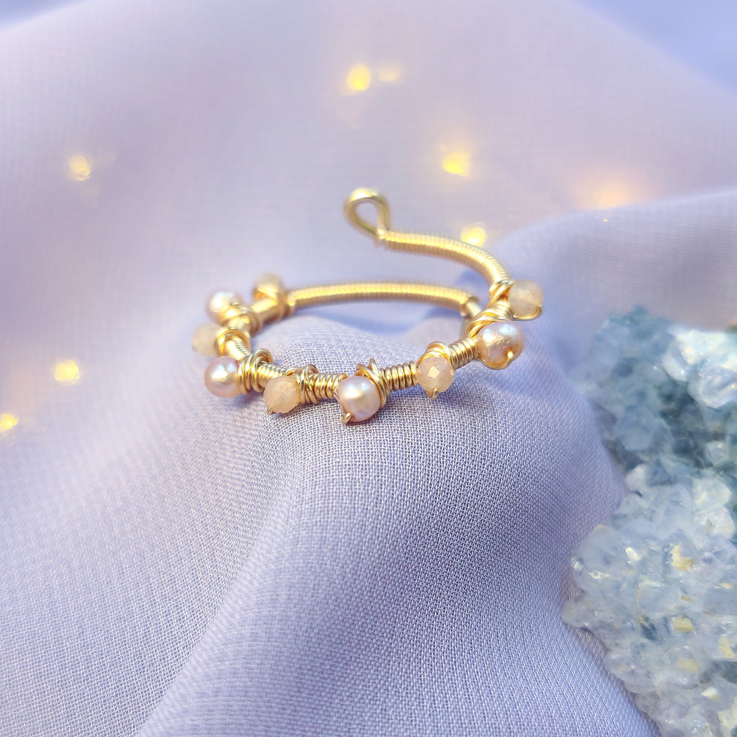 Ethereal Fairy Peach Moonstone & Pearl Adjustable Ring