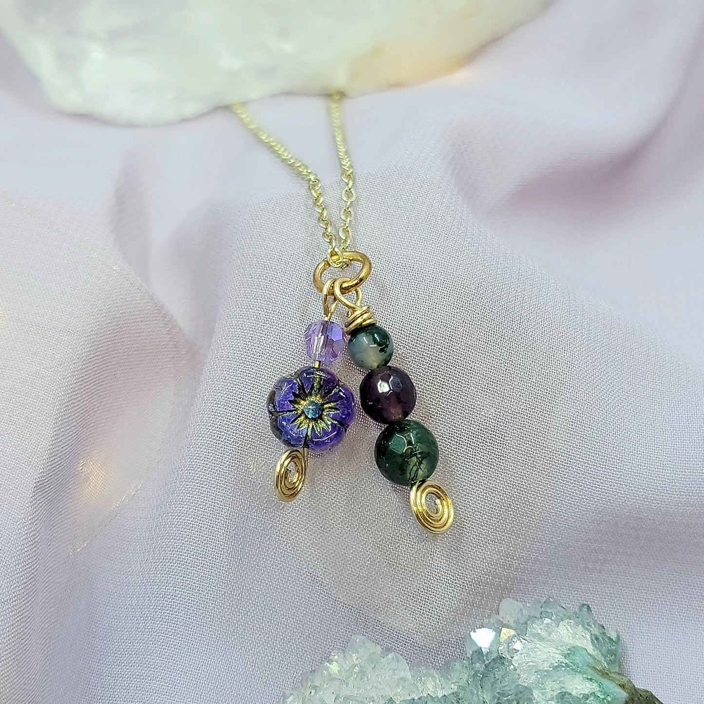 Moss Agate & Amethyst Flower Necklace