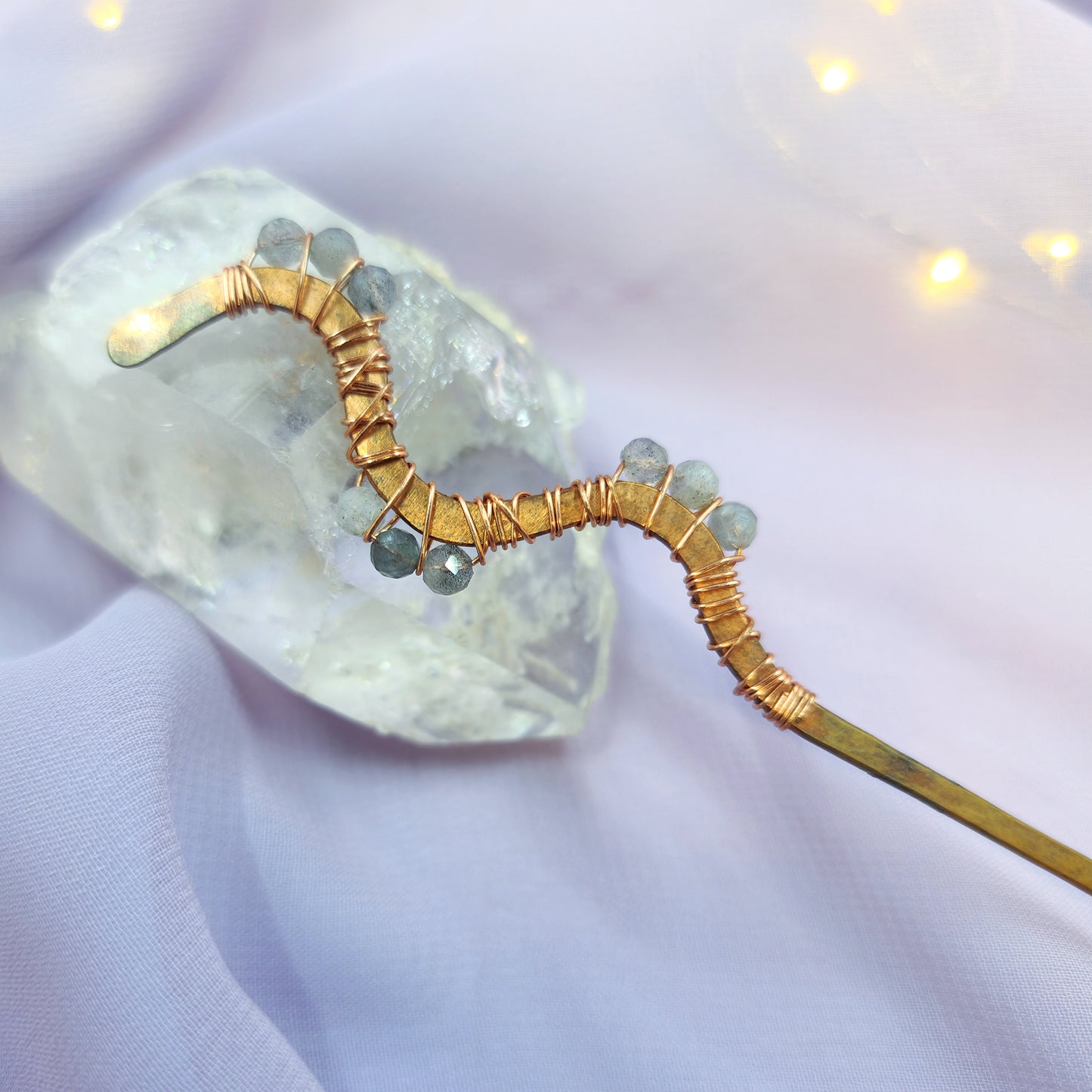 Labradorite Hammered Copper Squiggle Hair Stick