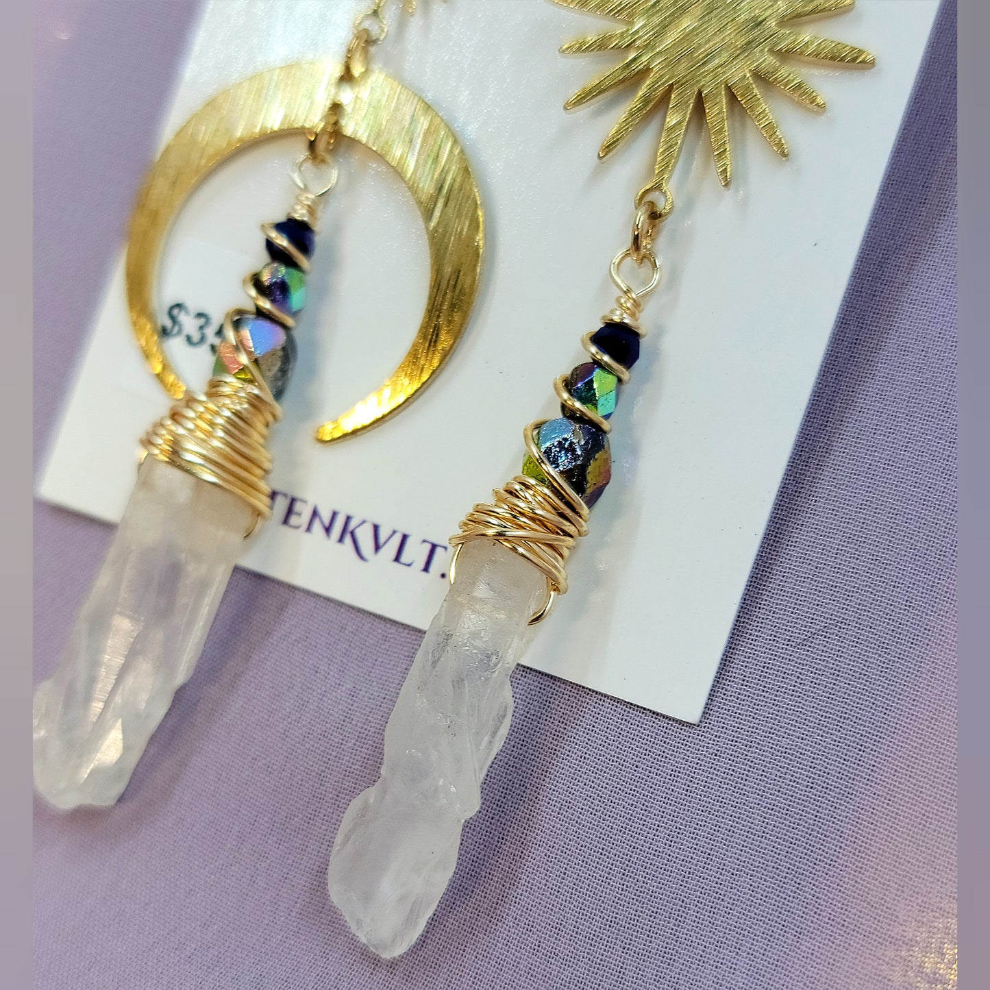 Ethereal Quartz Celestial Rainbow Moon Star Earrings
