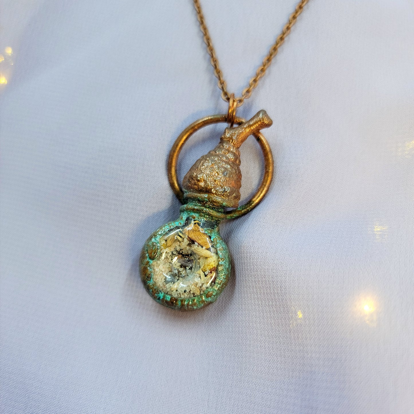 Anxiety Banishing Spell Jar & Acorn Patina Electroformed Copper Necklace