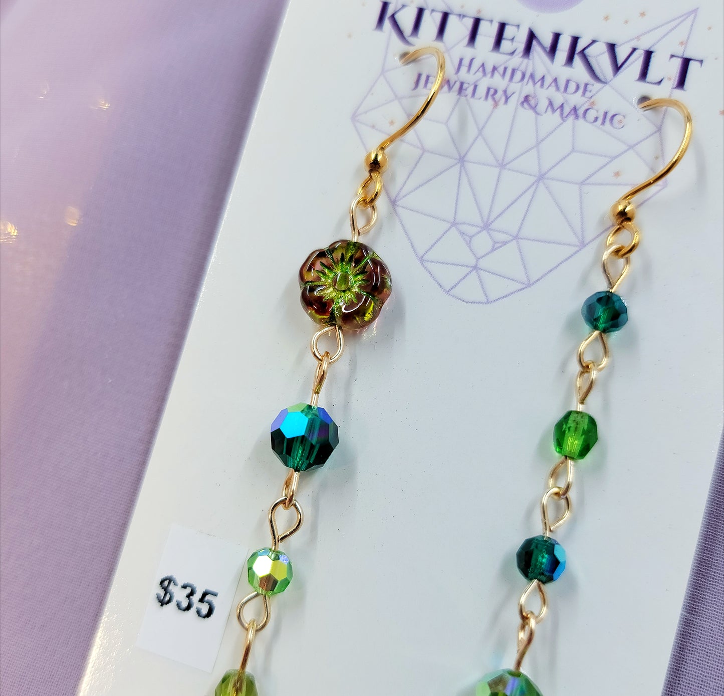 Czech Glass Cottage Witch Fairy Flower & Leaf Earrings