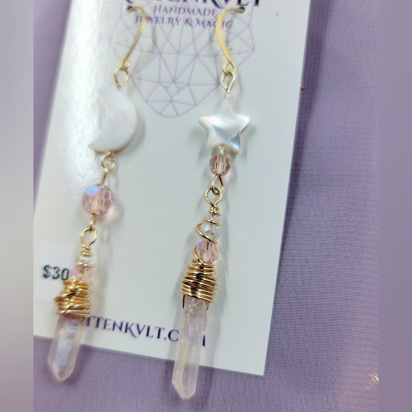 Pink Aura Quartz Celestial Shell Earrings