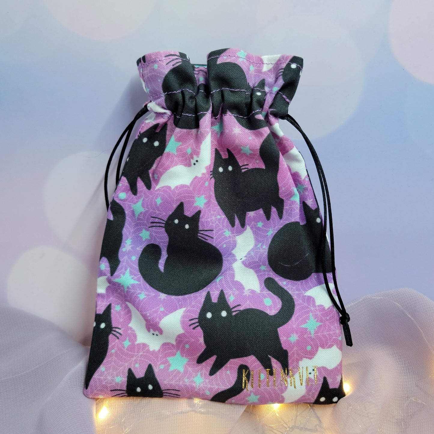 Mystical Kitty & Bat Trinket Crystal Pouch, Kawaii Witch Bag