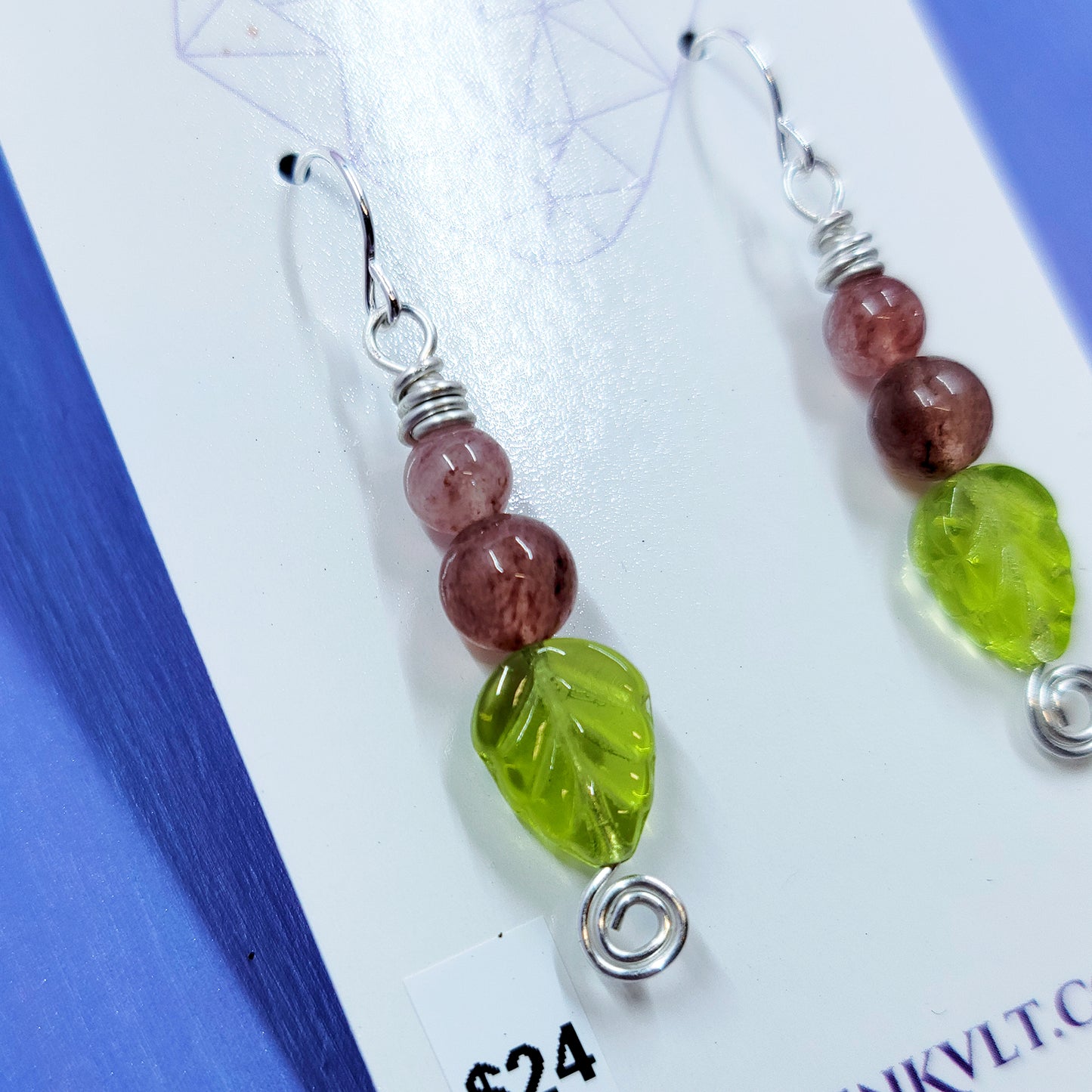 Earthy Fairy Strawberry Quartz Leaf Earrings