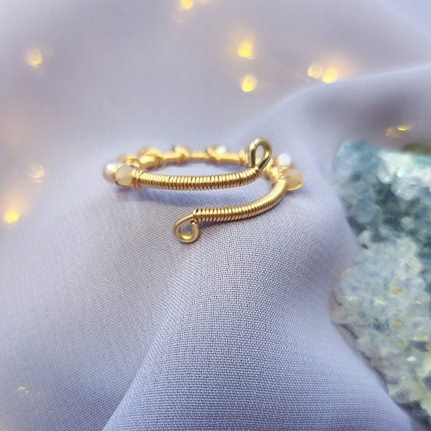 Ethereal Fairy Peach Moonstone & Pearl Adjustable Ring