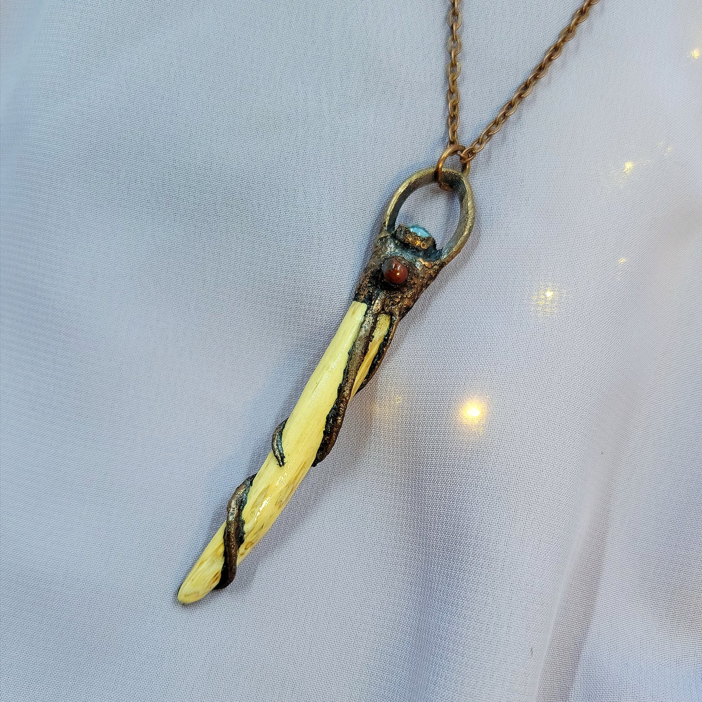 Hand Carved Wood & Moss Agate Jasper Electroformed Copper Dragon Necklace