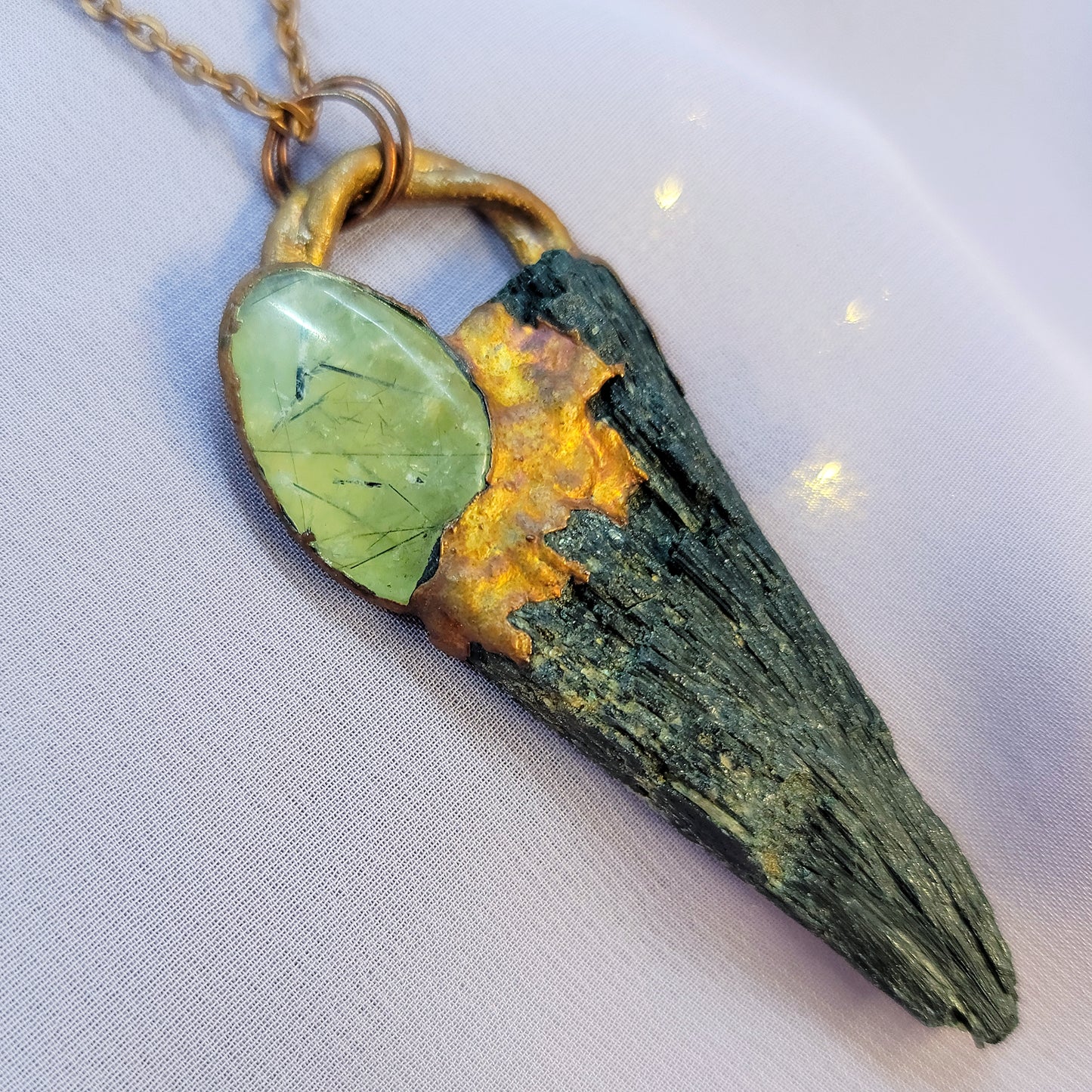 Black Kyanite & Prehnite Raven Electroformed Copper Necklace