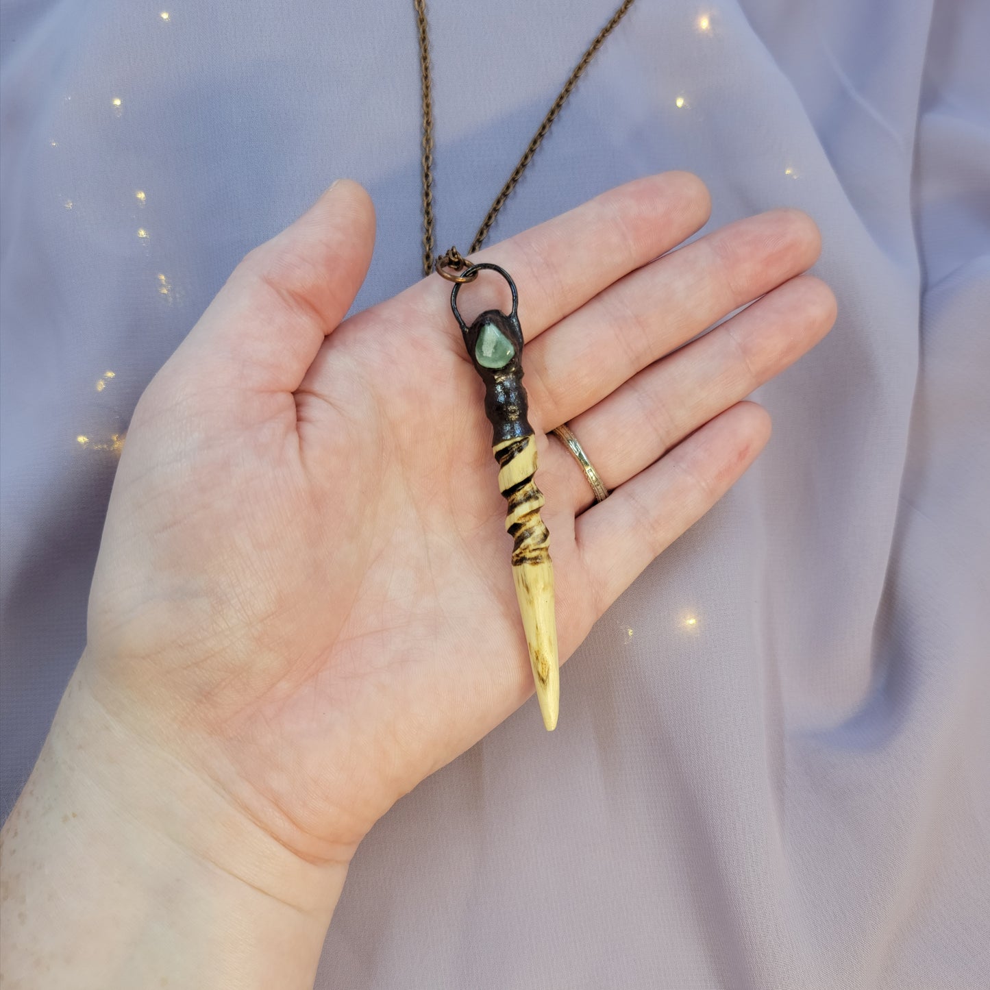 Hand Carved Ash Wood, Copper & Green Aventurine Wand Necklace