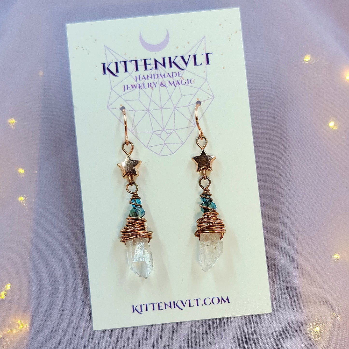 Celestial Witchy Quartz Star Earrings, Copper Crystal Dainty Ethereal Fairy Space Witch Earrings