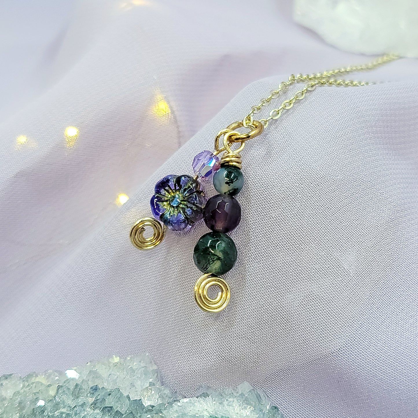 Moss Agate & Amethyst Flower Necklace