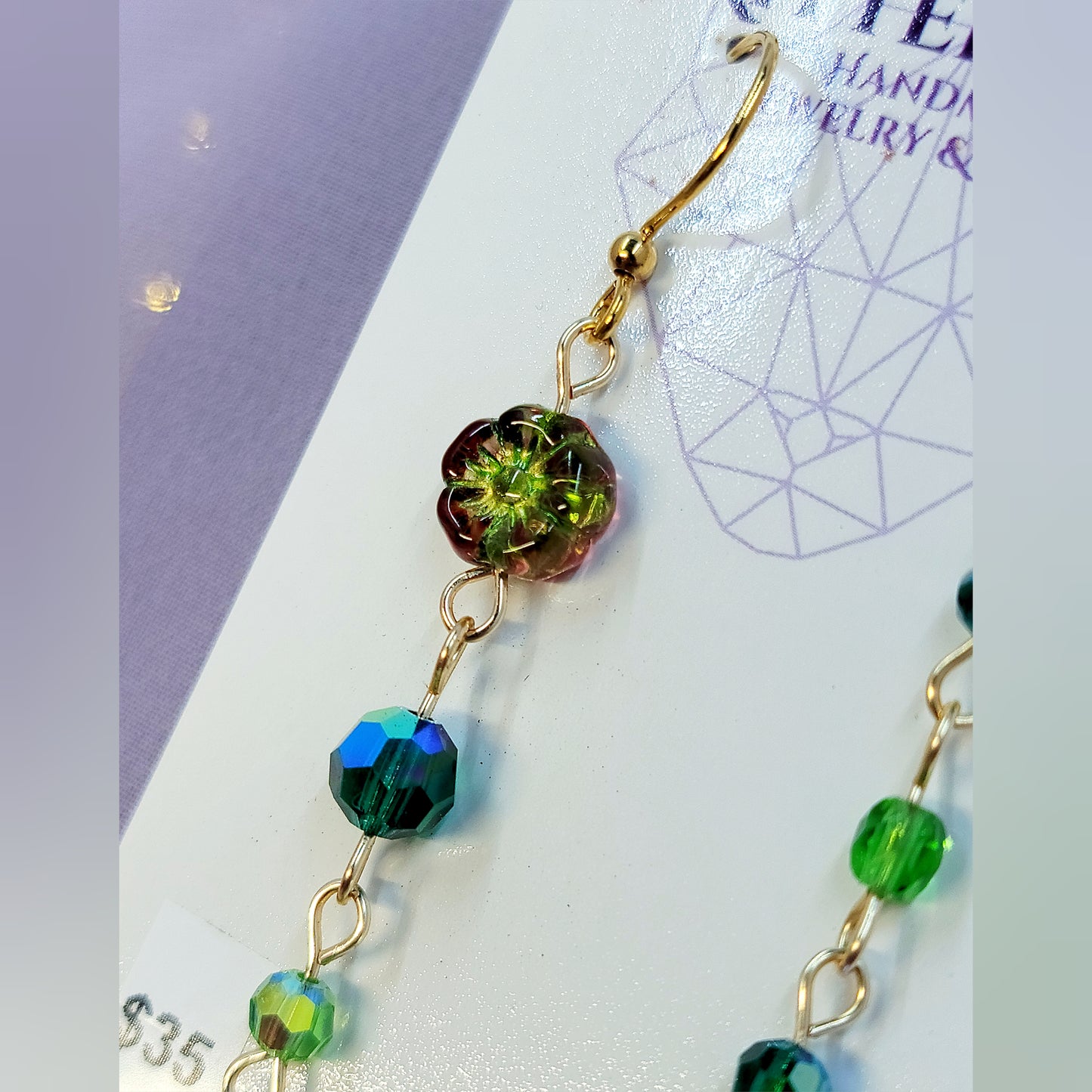 Czech Glass Cottage Witch Fairy Flower & Leaf Earrings