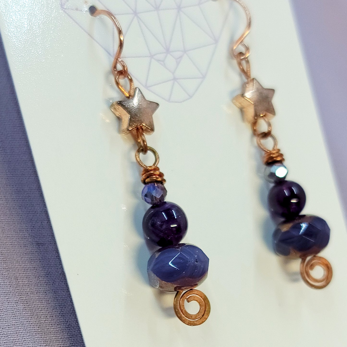 Celestial Witchy Amethyst Star Earrings, Copper Crystal Ethereal Fairy Dark Witch Amethyst Earrings