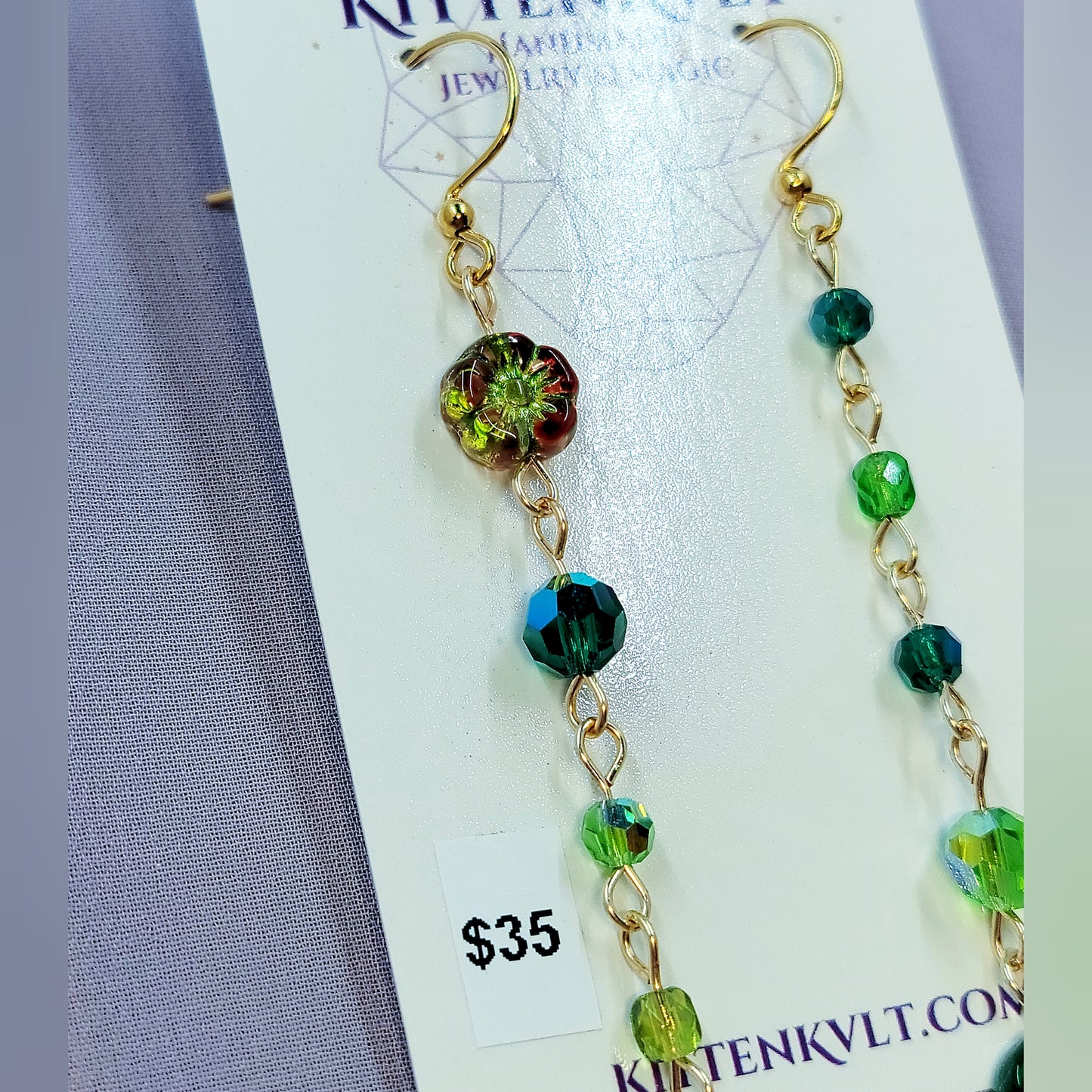 Czech Glass Cottage Witch Fairy Flower & Leaf Earrings