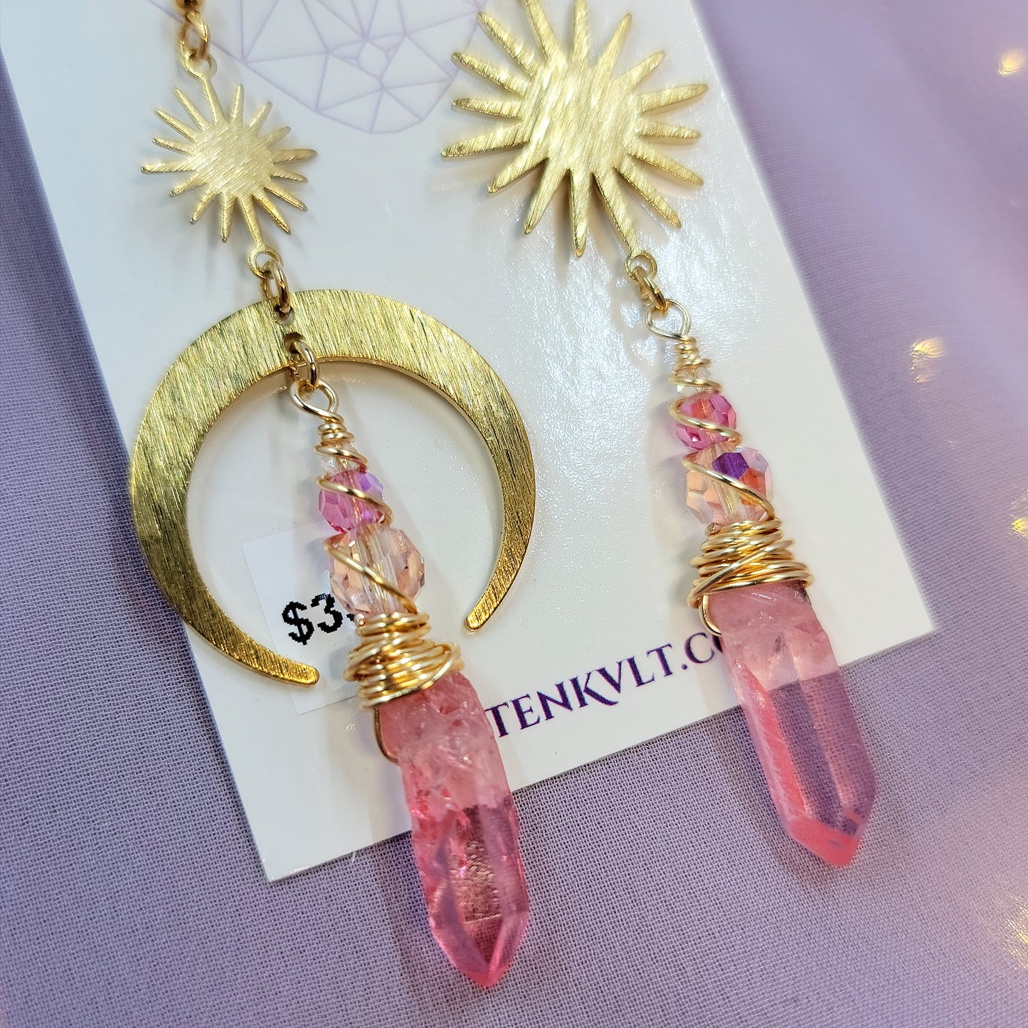 Ethereal Pink Quartz Celestial Moon Star Earrings