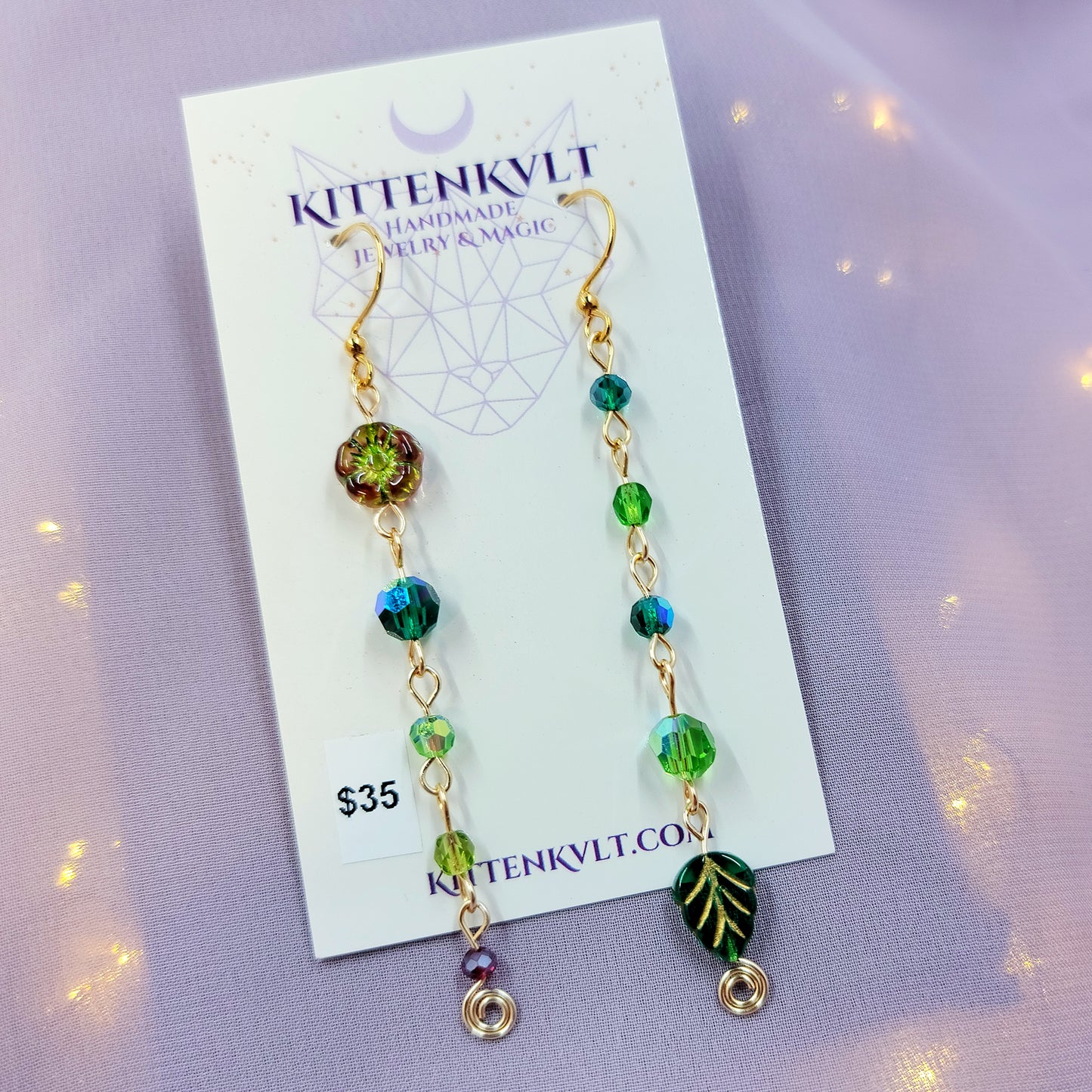 Czech Glass Cottage Witch Fairy Flower & Leaf Earrings