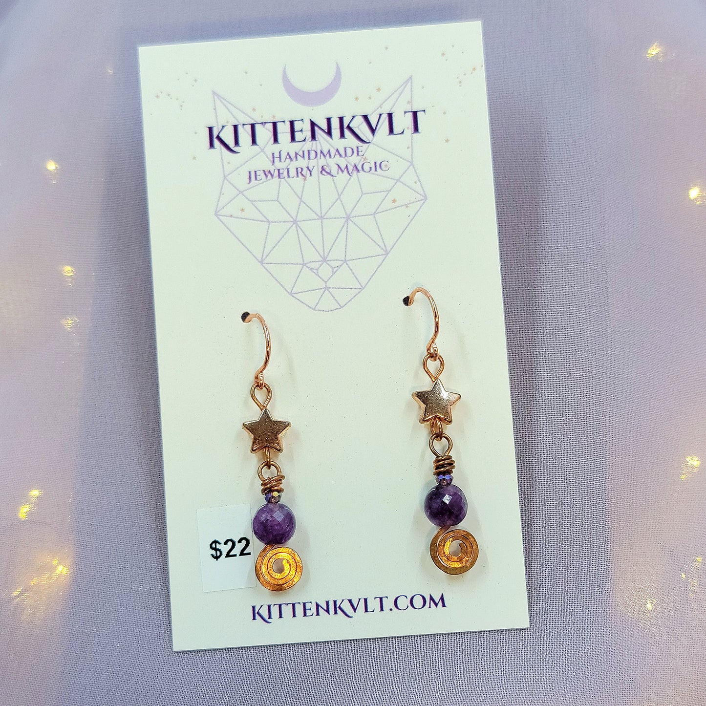 Celestial Witchy Amethyst Earrings, Copper Crystal Dainty Ethereal Fairy Amethyst Earrings