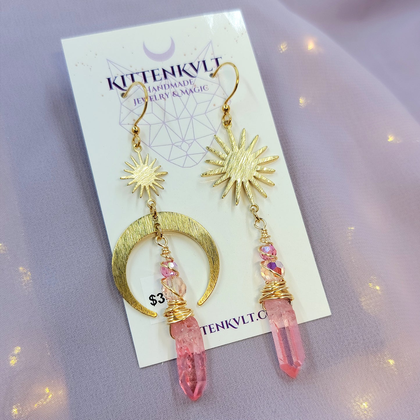 Ethereal Pink Quartz Celestial Moon Star Earrings