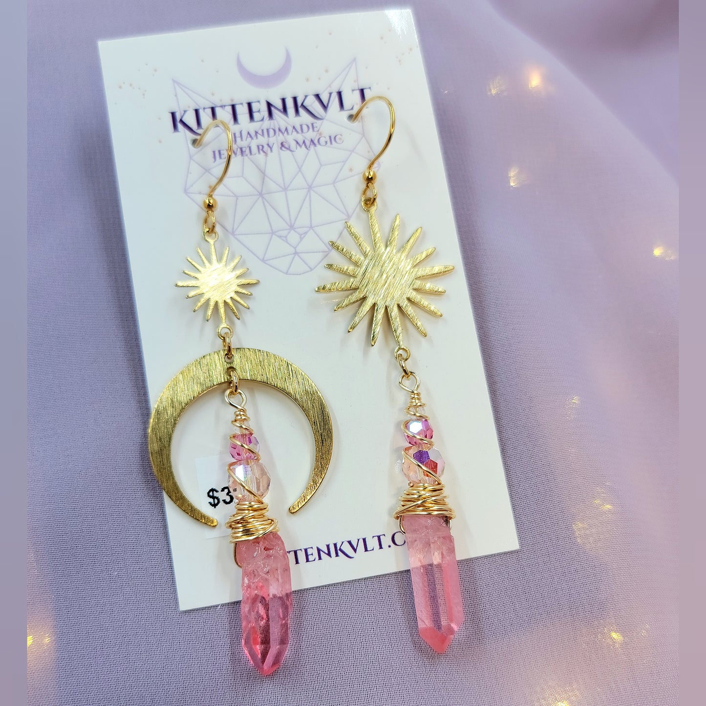 Ethereal Pink Quartz Celestial Moon Star Earrings