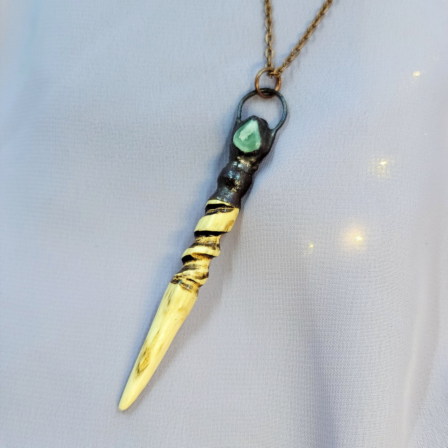 Hand Carved Ash Wood, Copper & Green Aventurine Wand Necklace