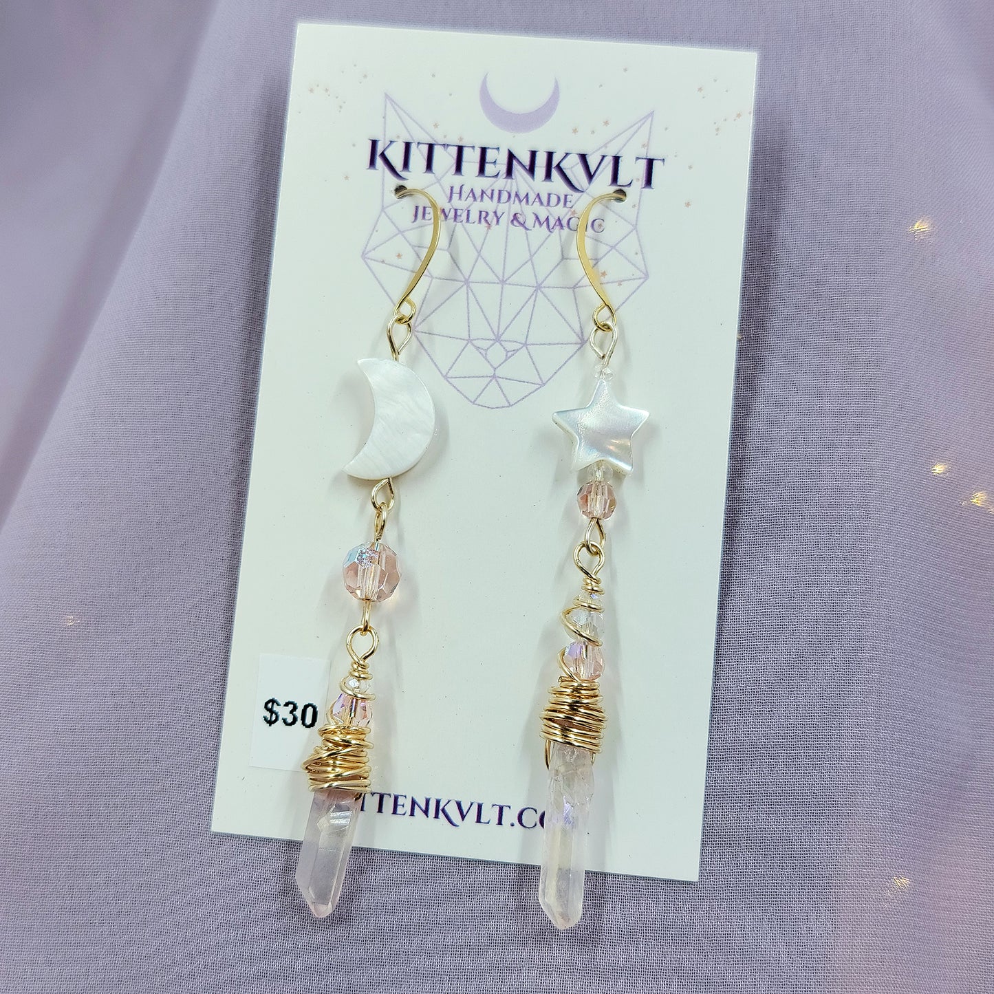 Pink Aura Quartz Celestial Shell Earrings