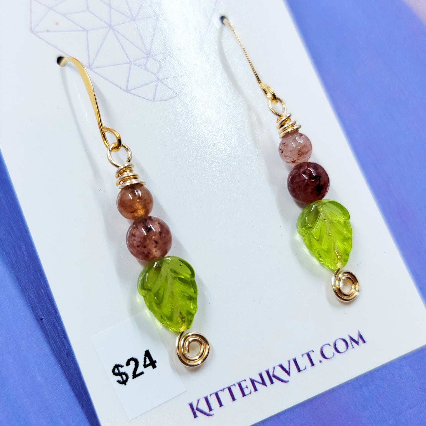 Earthy Fairy Strawberry Quartz Leaf Earrings