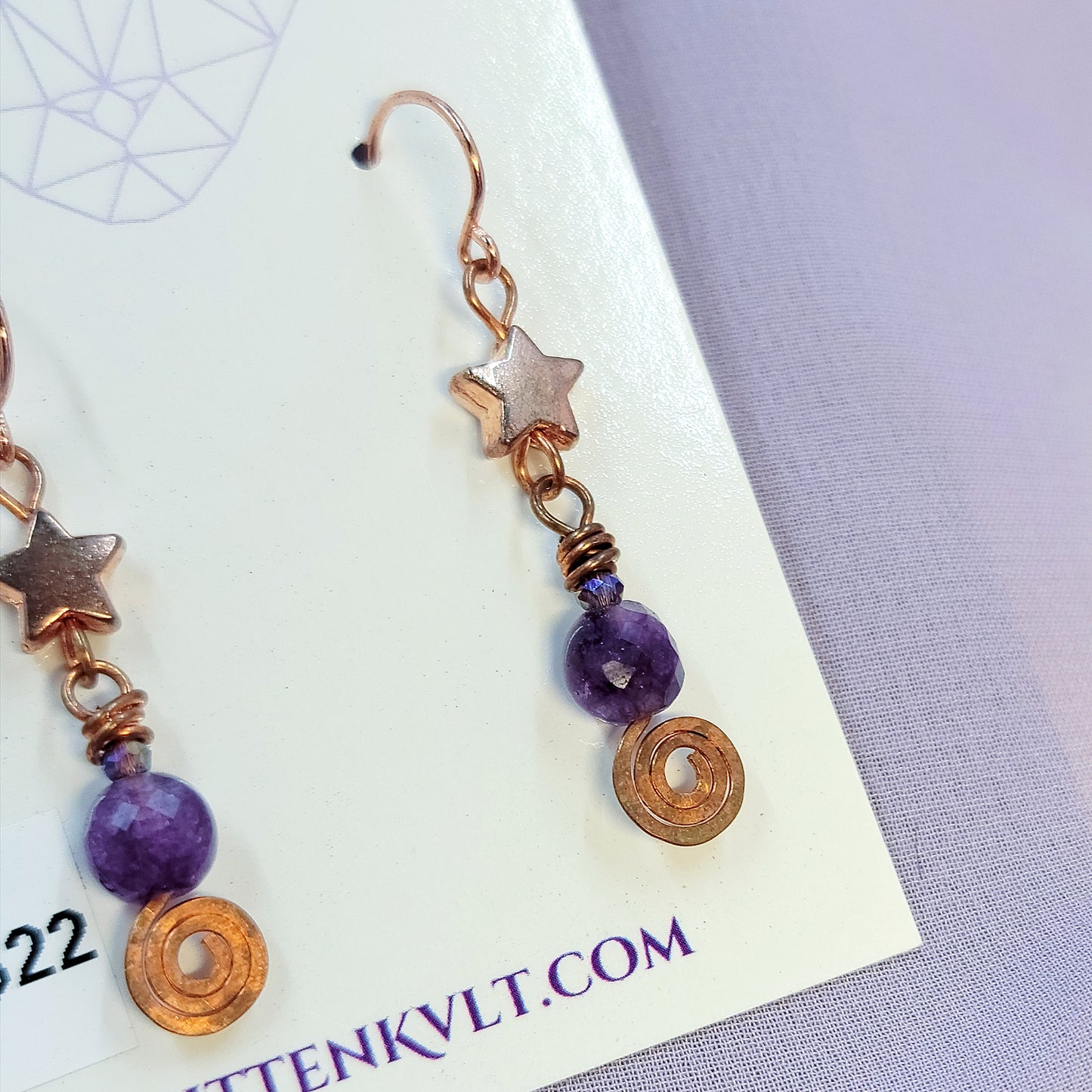 Celestial Witchy Amethyst Earrings, Copper Crystal Dainty Ethereal Fairy Amethyst Earrings