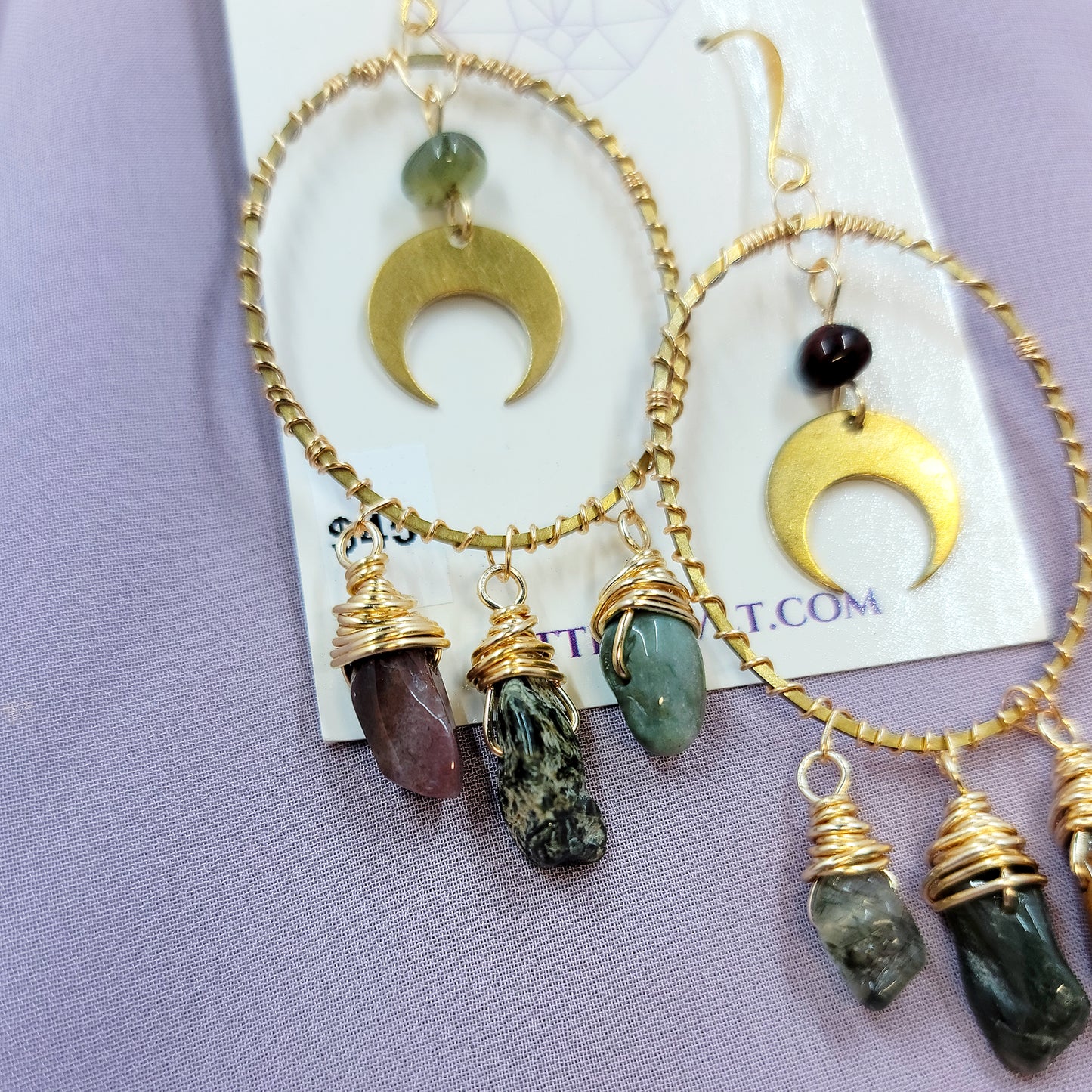 Ocean Jasper Moon Hoop Earrings Hammered Brass