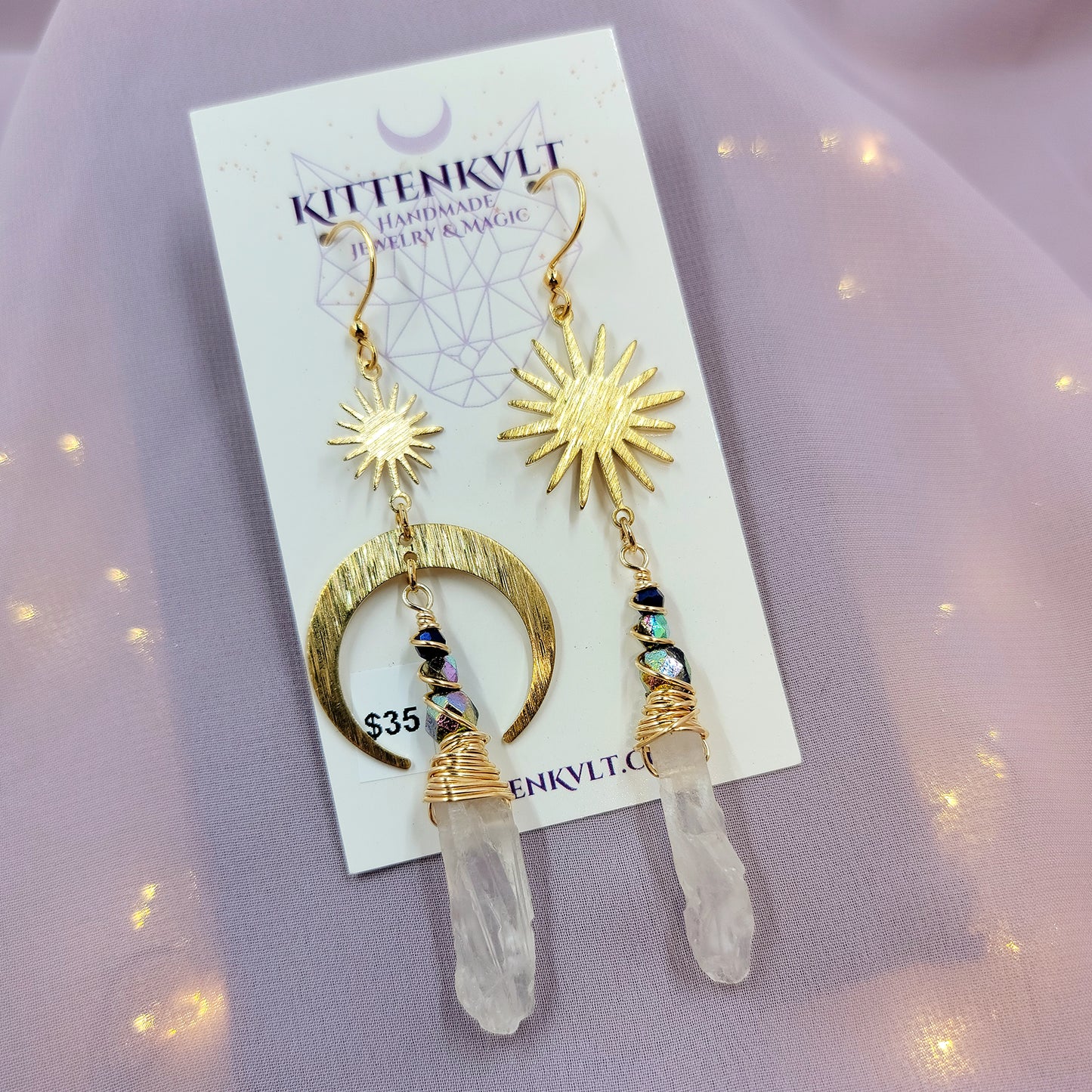 Ethereal Quartz Celestial Rainbow Moon Star Earrings