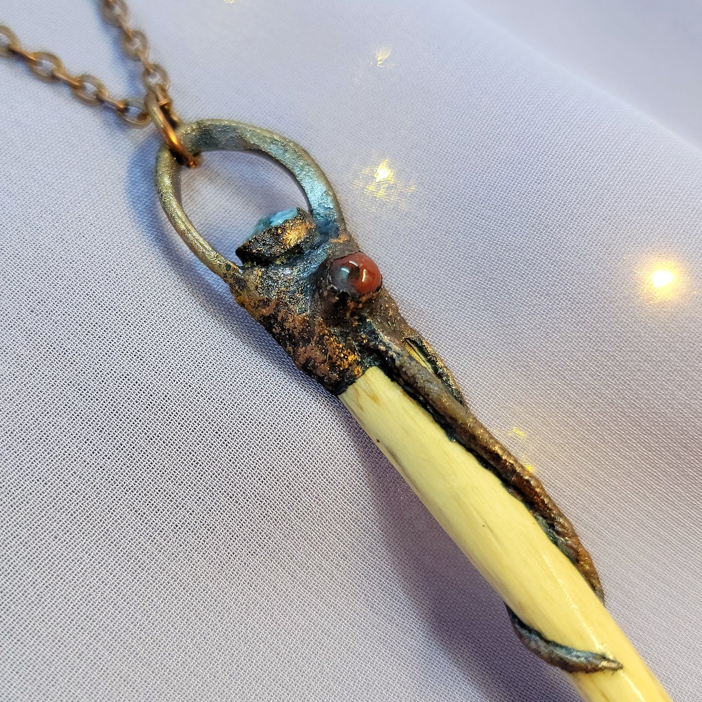 Hand Carved Wood & Moss Agate Jasper Electroformed Copper Dragon Necklace