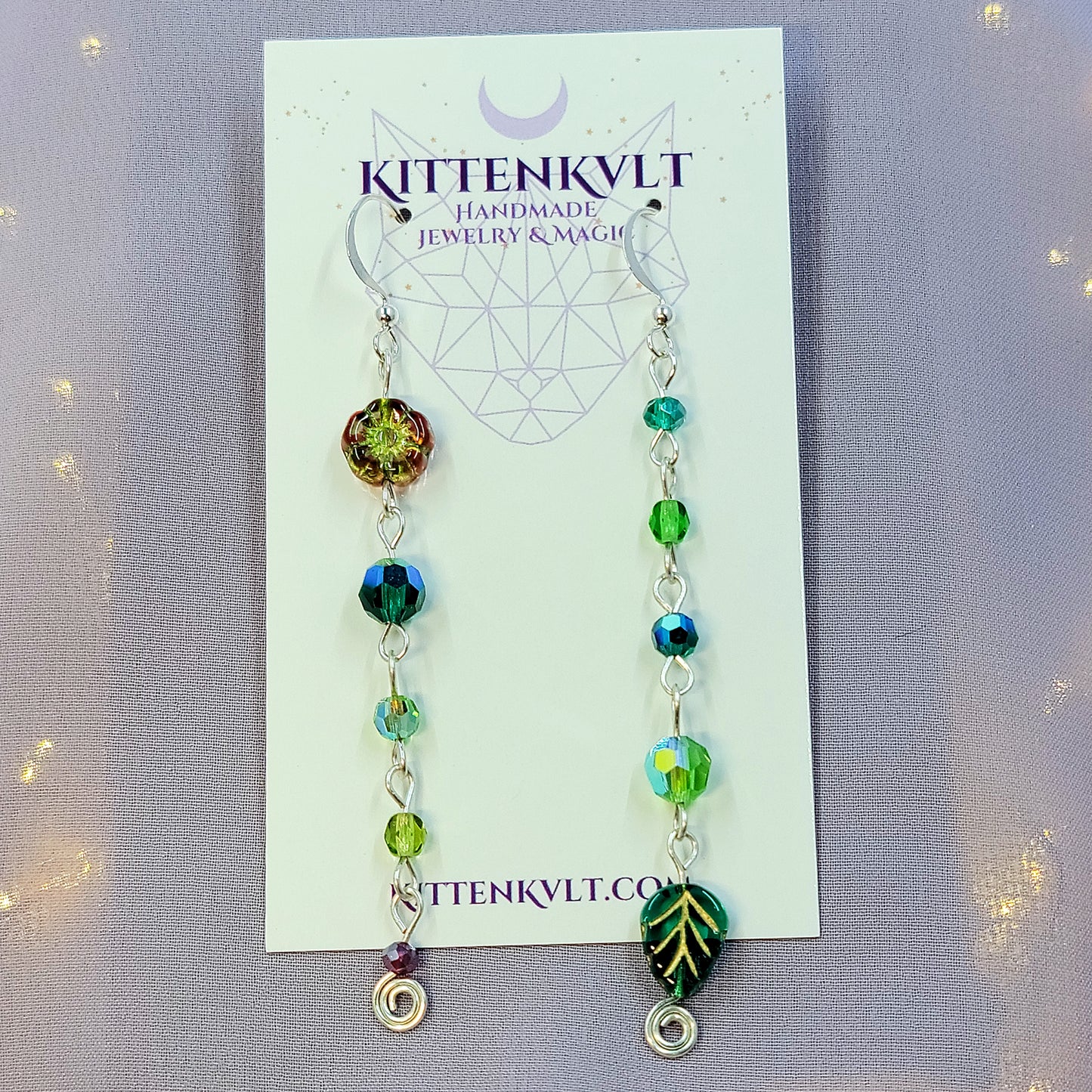 Czech Glass Cottage Witch Fairy Flower & Leaf Earrings