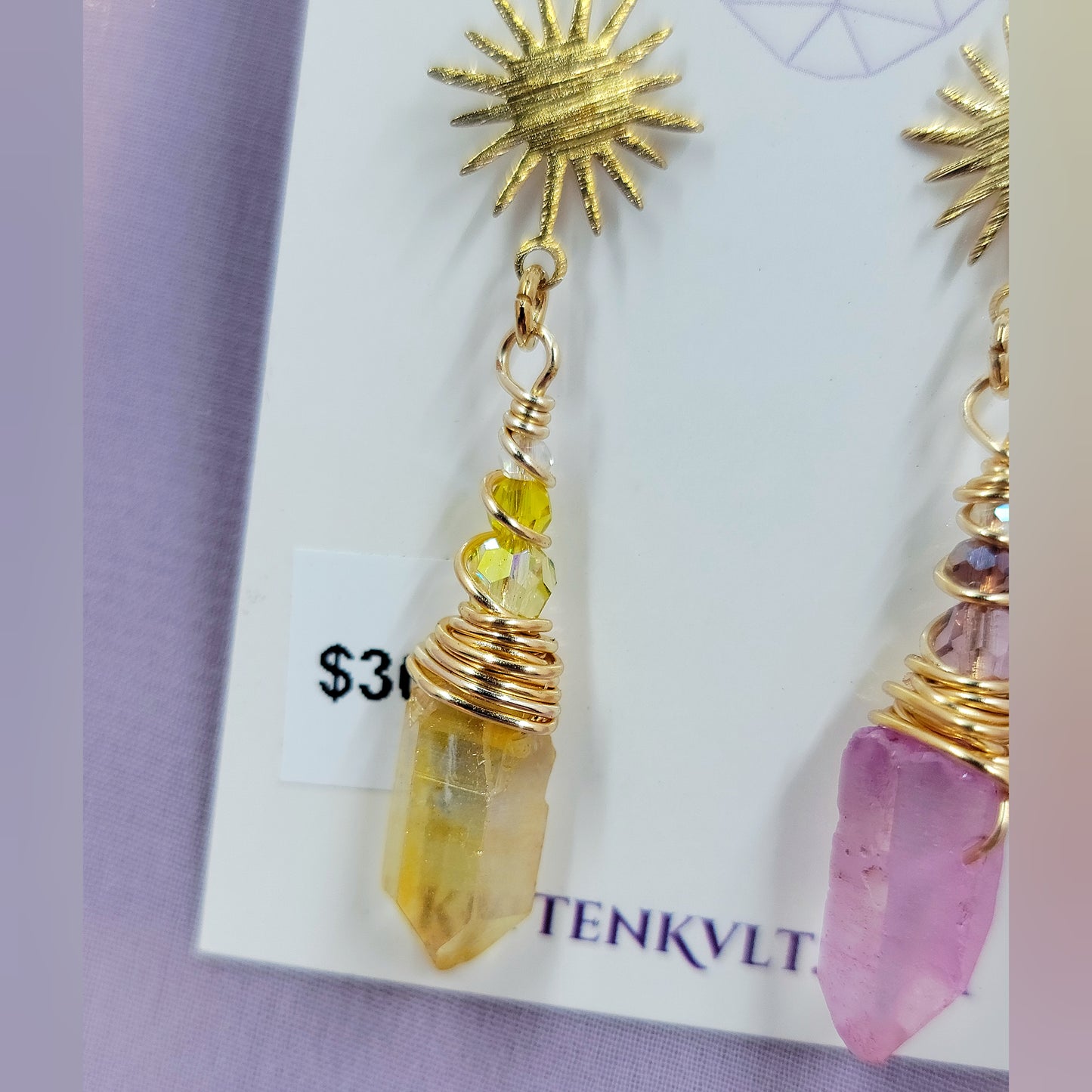 Ethereal Witchy Mismatch Aura Quartz Celestial Sun Star Earrings